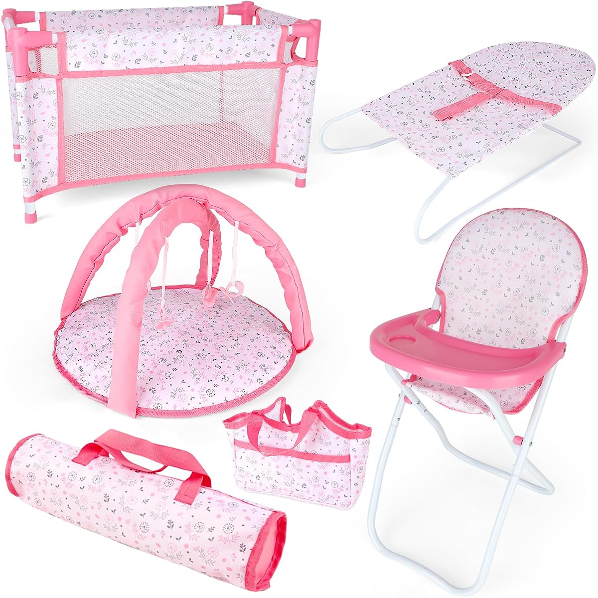 deAO Baby Doll Accessories Set with 12-14" Doll High Chair Crib Bed | Doll Furniture Crib,Storage Bag and Handbag - 6 in 1 Pink Dolls Playset with Furniture Birthday Gifts for Boys Girls