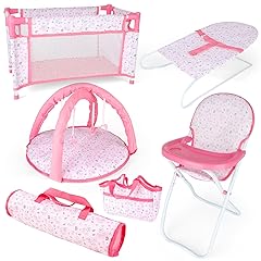 deAO Baby Doll Accessories Baby Doll Playset Doll High Chair Baby Doll Crib Bed Play Mat Storage Bag Handbag Wing - 6 in 1 Pink Dolls Playset with Furniture Toys for 12-14’’ Dolls