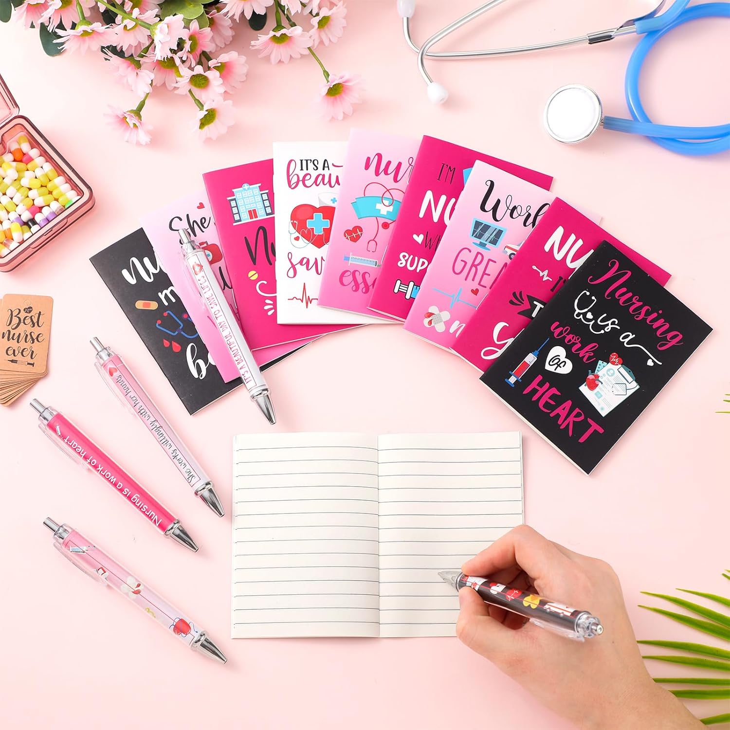 Qeeenar 200 Pcs Nurse Gift Bulk Sets 50 Pcs Nurse Inspirational Notebooks 50 Pcs Motivational Ballpoint Pens 50 Pcs Thanks Tags 50 Pcs Organza Bags for Nurses Day Medical Students Appreciation Gifts