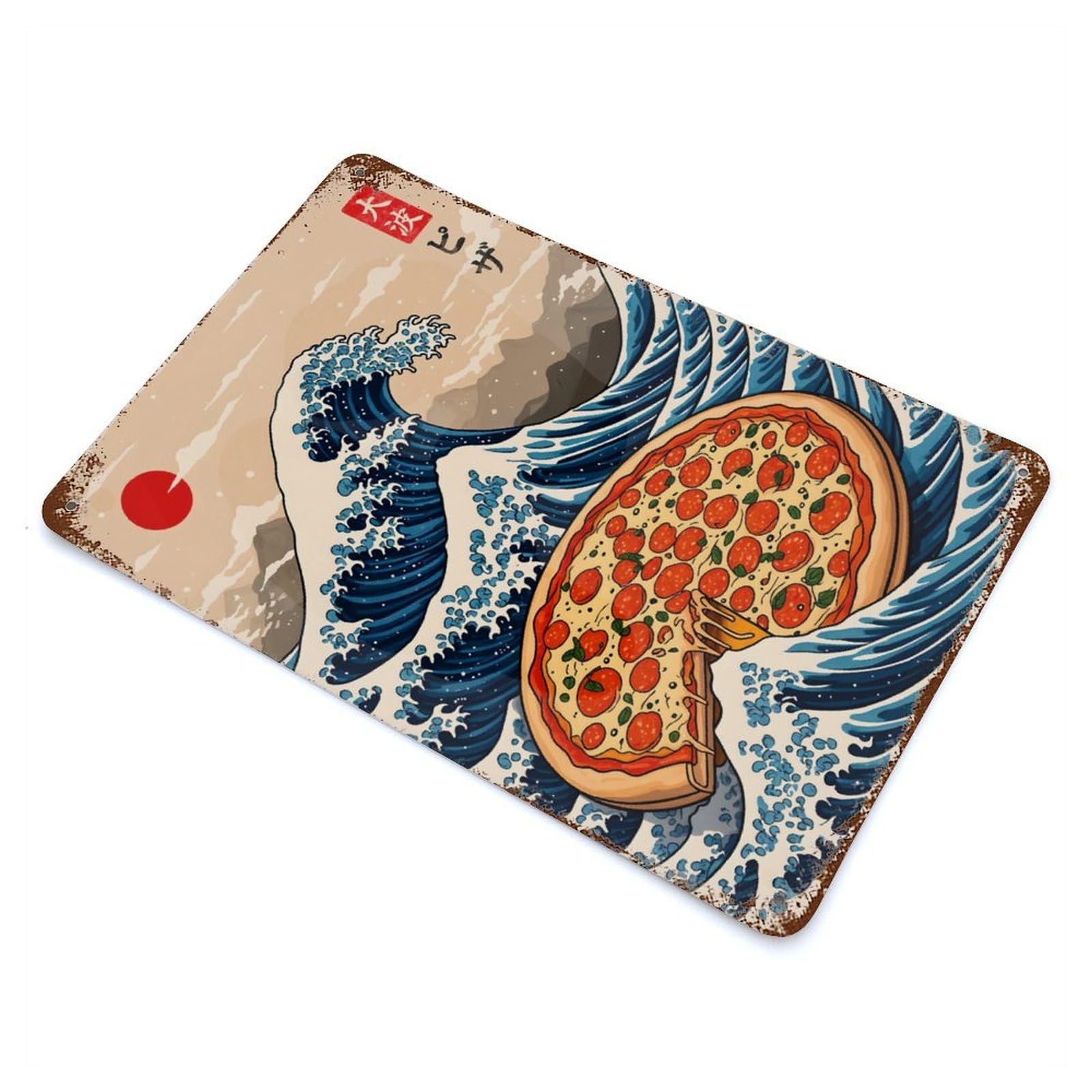 Vintage Rust Metal Sign Pizza Great Wave 11.8"x7.9", Novelty Wall Decor for Garage, Bar And Workshop Decor
