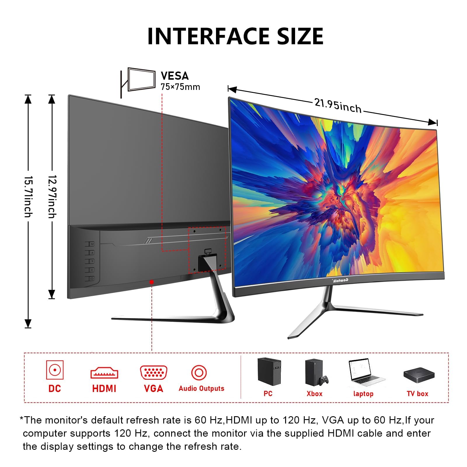 Gawfolk 24,5 Zoll Curved Monitor mit Eingebauten Lautsprechern, 3000R 120Hz PC Gaming Bildschirm Full HD 1920x1080P, HDMI 2.0, VGA, VESA 75 * 75mm