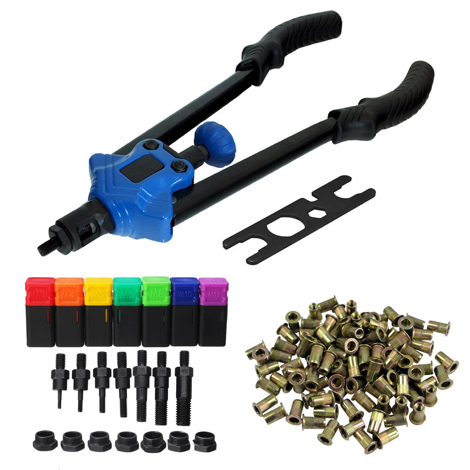 Heavy Duty Twin Handled Hand Rivet Gun Nut Riveter Threaded Insert Rivnut Nutsert Riveting Tool M3-M12 Plus 200 Assorted Threaded Nut Rivets