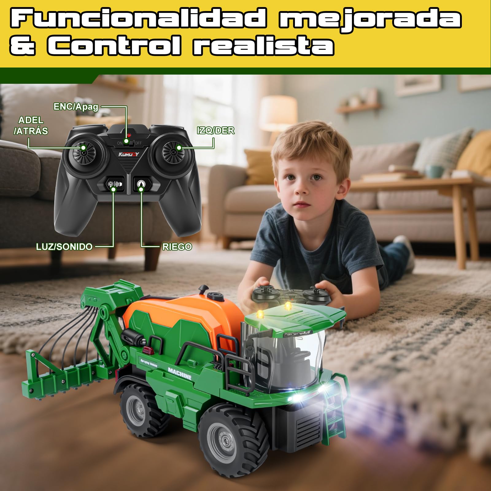Ulikey Tractor Teledirigido, RC 2.4Ghz Tractor Electrico para Niños con Riego, Luz y Sonido, Vehículo de Granja Juguete Set para Niños de 3 Años