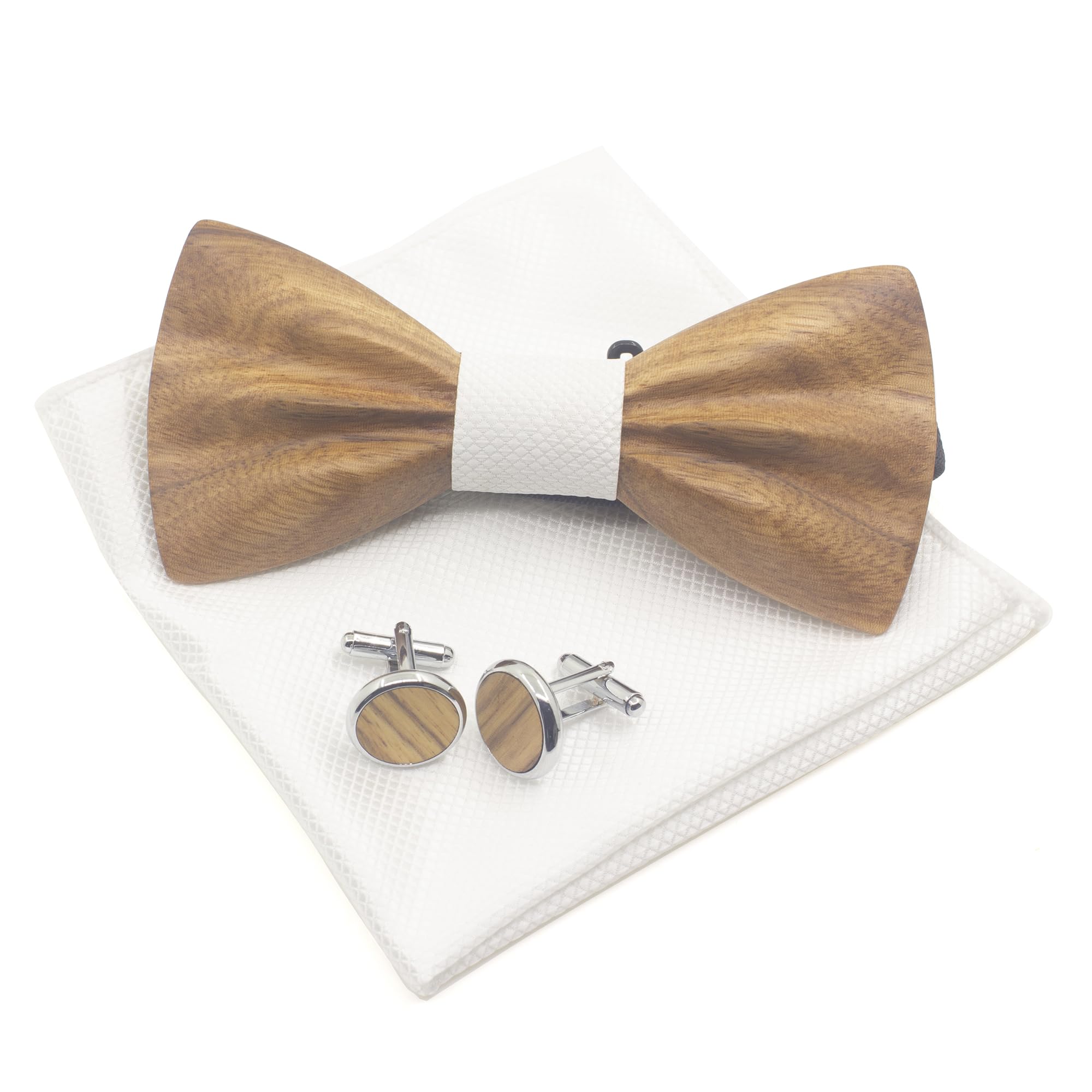Ensemble Nœud papillon Bois pour Homme Mariage Fête Noeud Papillon,Boutons de Manchette,Mouchoir,Fleur Broche