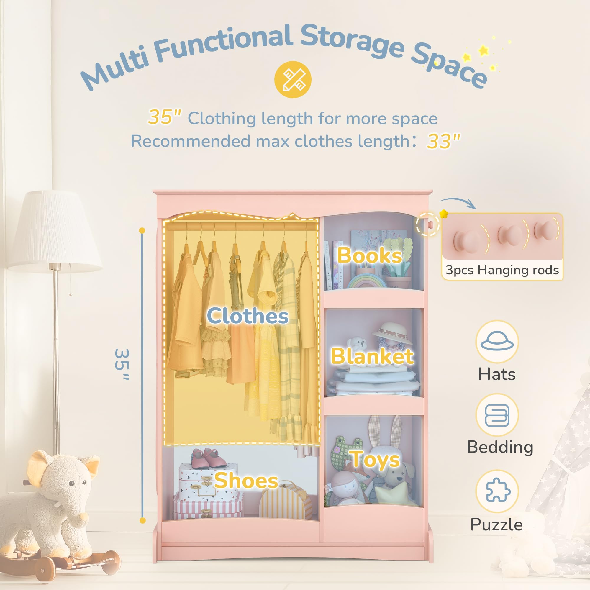 Curipeer Kids Dress Up Storage with Flower Mirror, Open Hanging Closet Wardrobe for Children, Kids Armoire & Costume Organizer for Bedroom Playroom Preschools Classroom, Pink