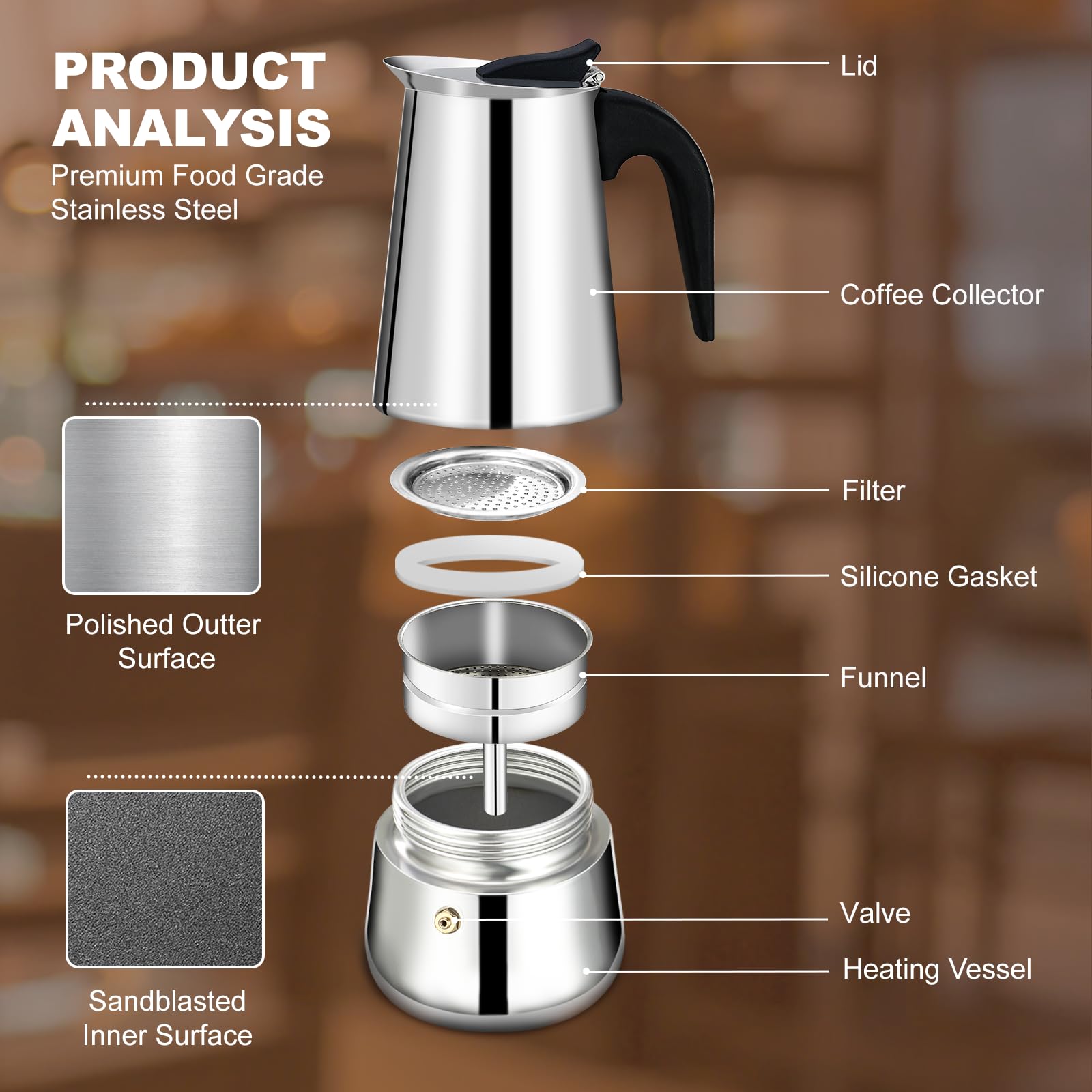 Cafetera Espresso de 9 Taza de Acero Inoxidable Moka Pot Cafetera Espresso Percoladora Cafetera Italiana Capaz Cafetera Moka Cafe Classic Maker Para el Hogar y Camping 450ml 15oz