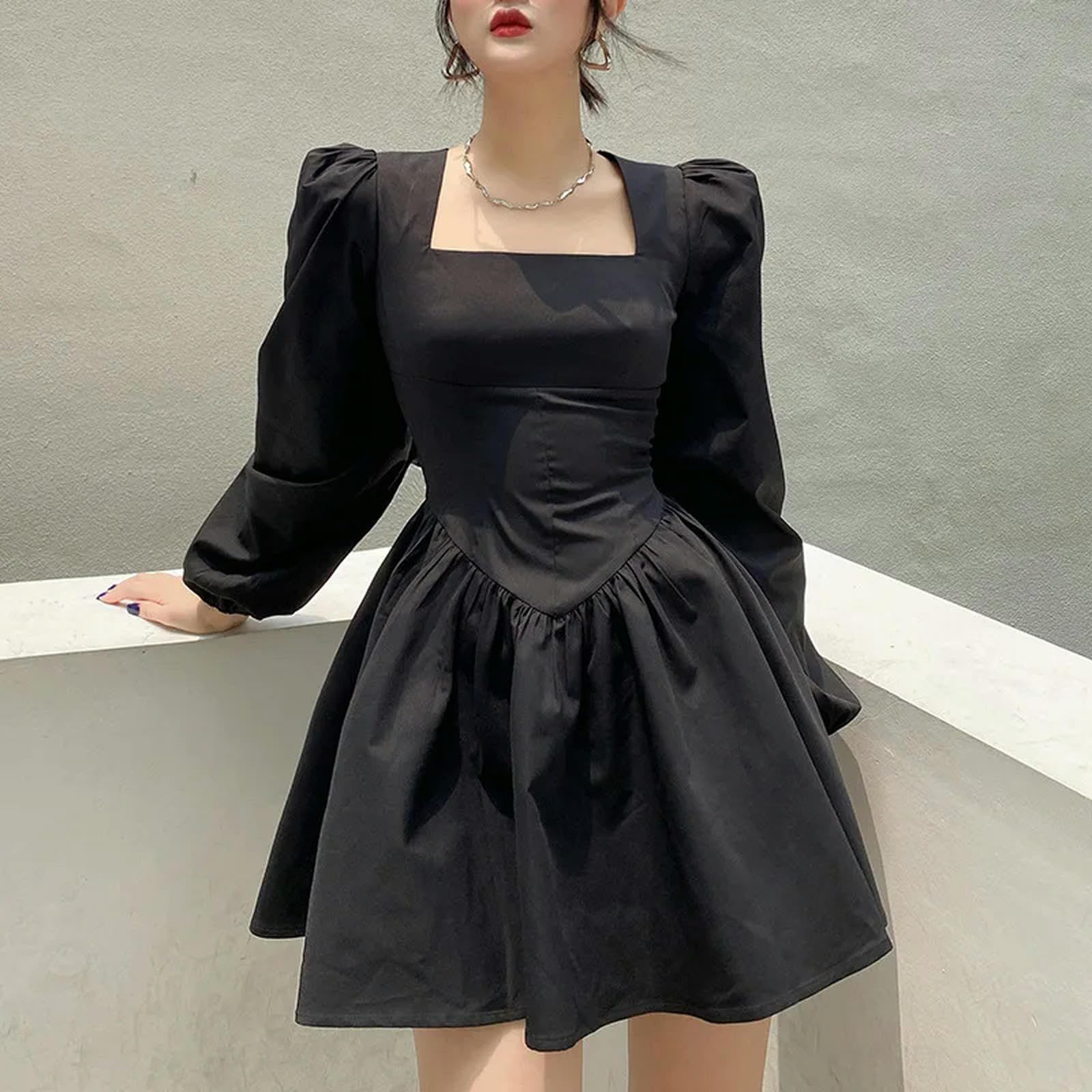 Vestido Ajustado de Corte A para Mujer, Vestido Corto con Cuello Cuadrado y Mangas largas abullonadas para Fiesta Informal, Negro, L