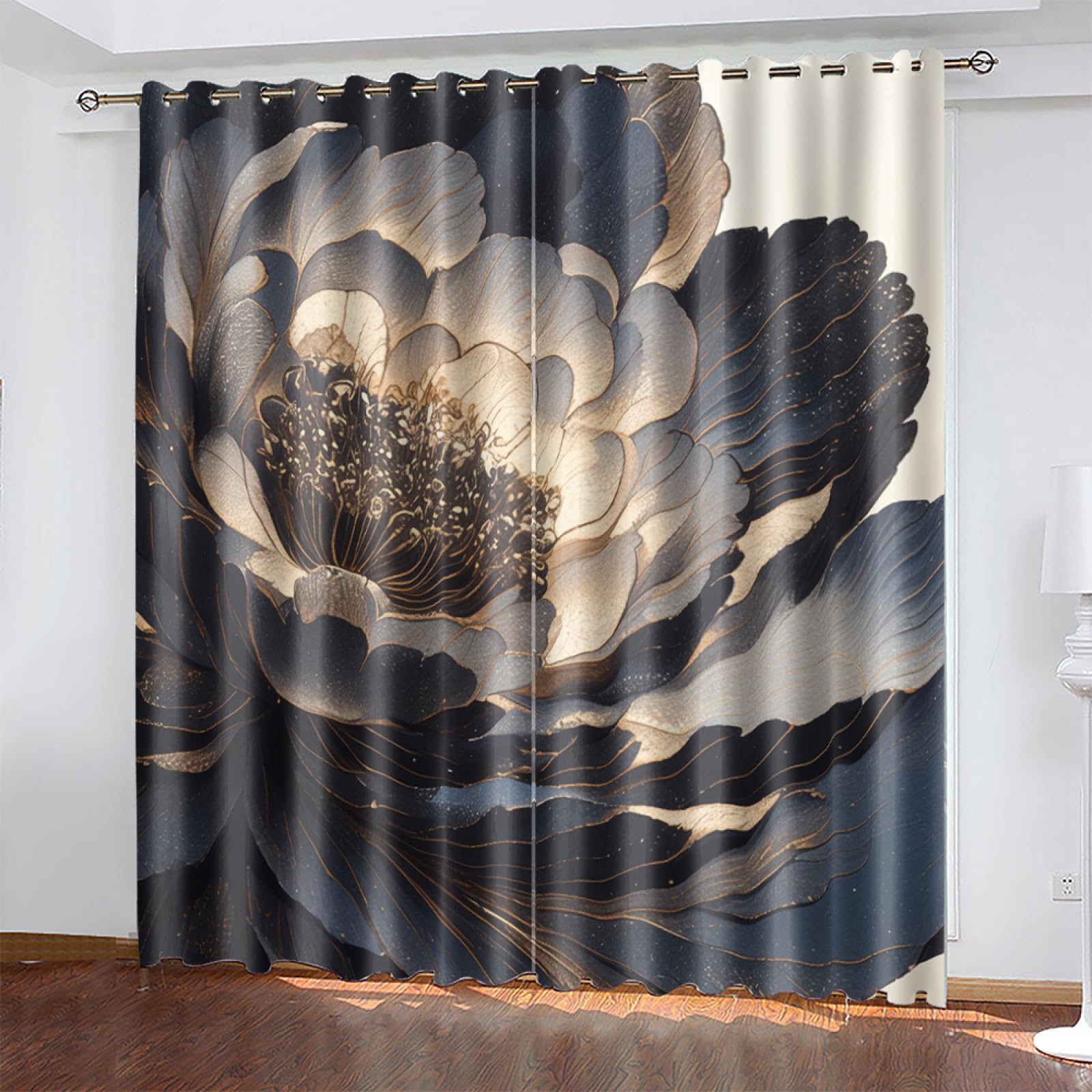 Wazylphin Blackout Eyelet Curtains Black Blue Golden Thermal Blackout Curtains for Bedroom Living Room Black Out Curtain Reduce Noise Eyelet Curtins Durable Polyester Thick Window Curtain 2x75x166cm