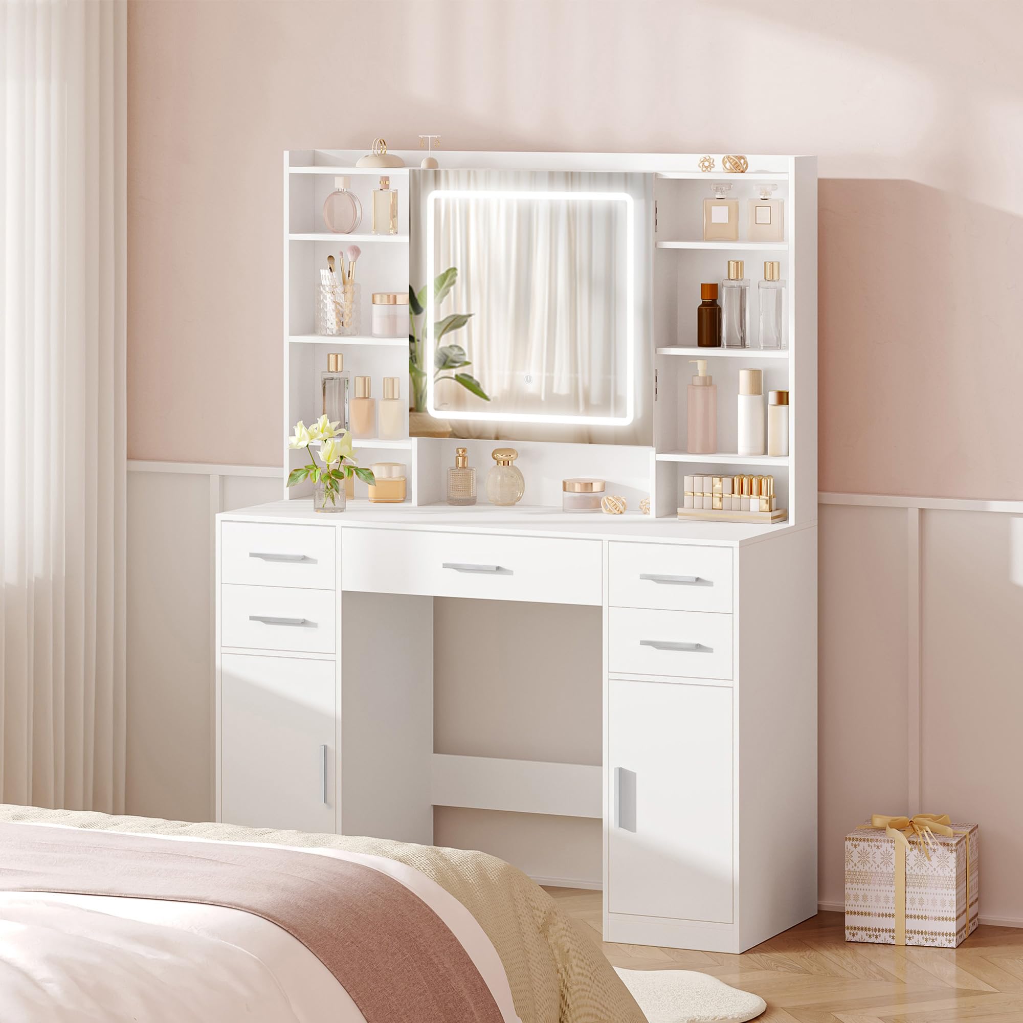 HEXCELEN 108 cm Tocador con Espejo y Luces LED con Brillo Ajustable Blanco | Mesa de Maquillaje con 5 Cajones, 2 Armarios y 9 Compartimentos Abiertos, Tocador de Maquillaje