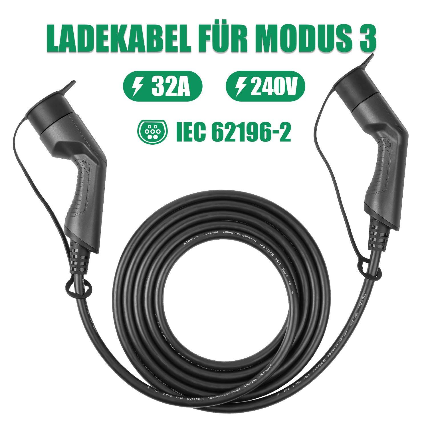 Cavo di ricarica per auto elettrico 32A monofase, 5m tipo 2 a tipo 2 (IEC 62196-2)