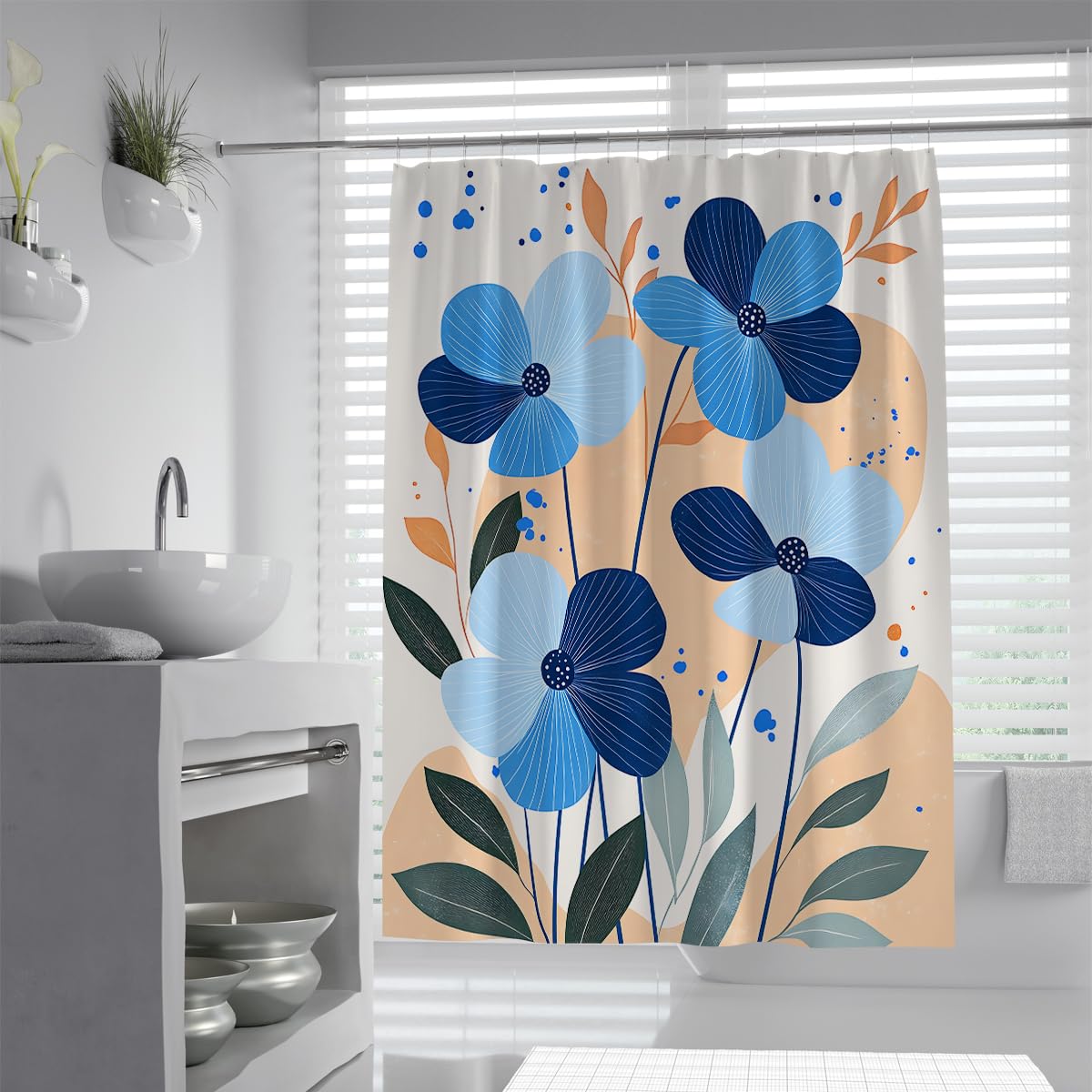 UIRINGART Light Blue Shower Curtain W150xL180cm Modern Abstract Floral Print Waterproof Polyester Mildew Resistant Quick Dry Bathroom Screen with Hooks