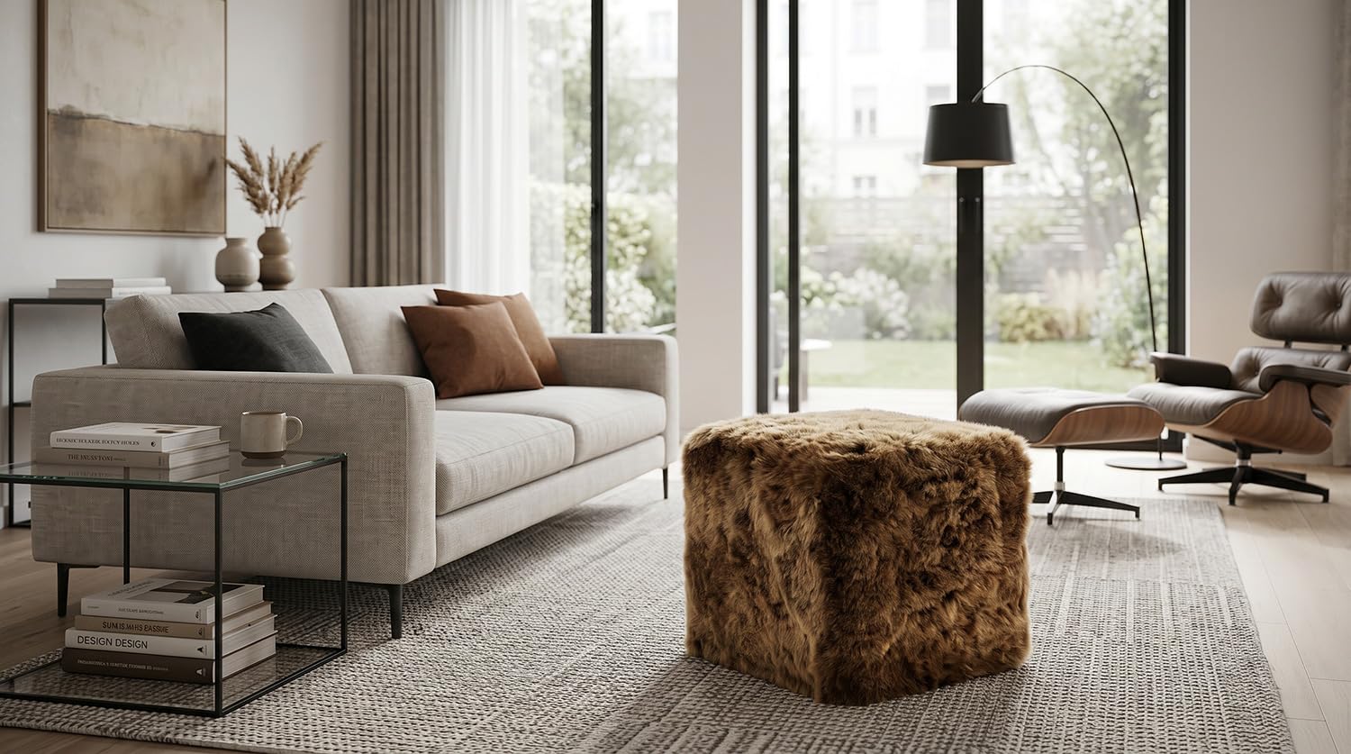 generisch Hocker Ottomane Sitzwürfel Pouf aus Lammfell Goldbraun mit Holz Gestell 42 x 42 x 42 cm