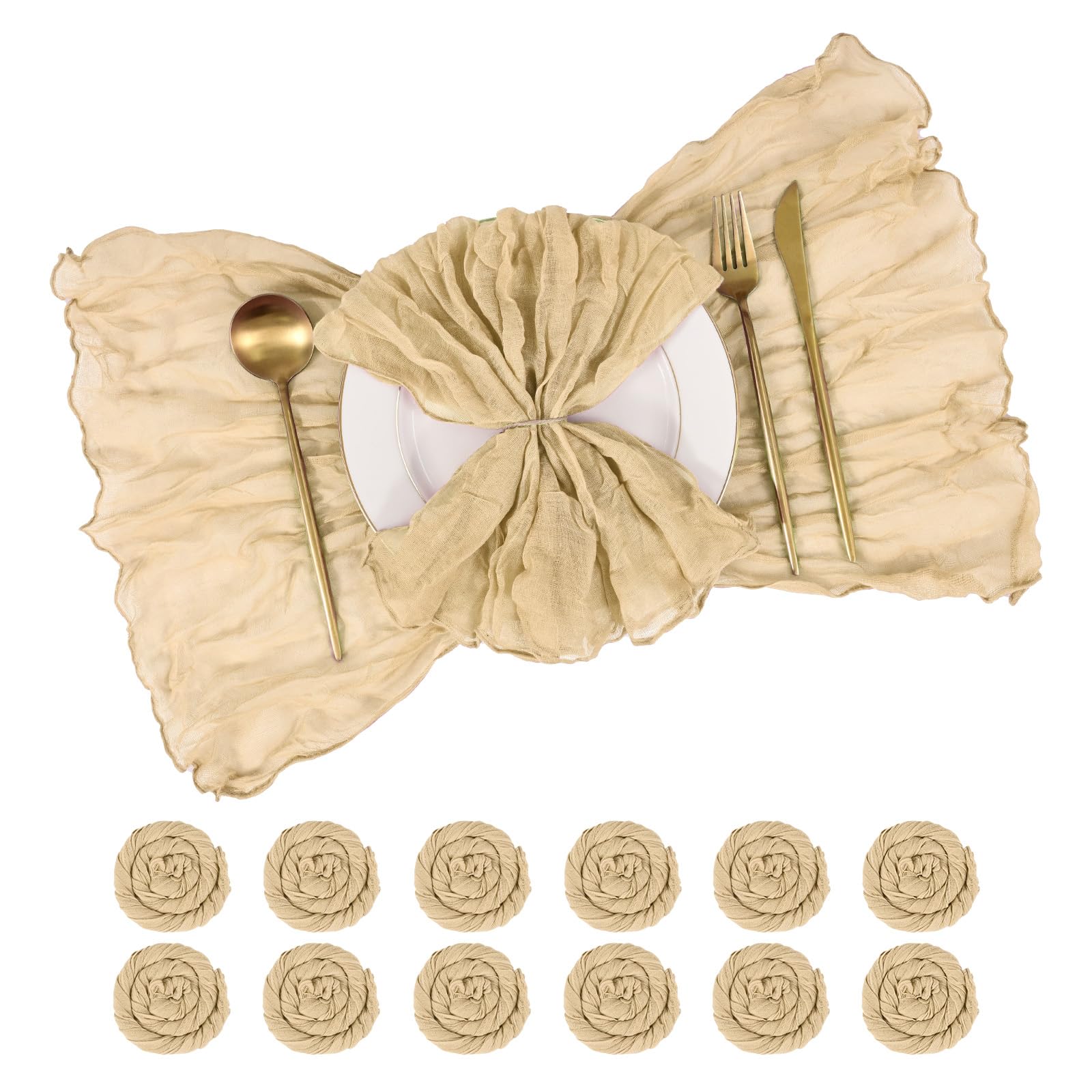 12 Pack Cheesecloth Napkins 50x50 cm (20x20 Inches) Wrinkled Gauze Fabric Dinner Napkins Soft Decorative Cloth Napkins for Wedding, Rustic Boho Party, Valentine‘s Day, Thanksgiving (Beige)