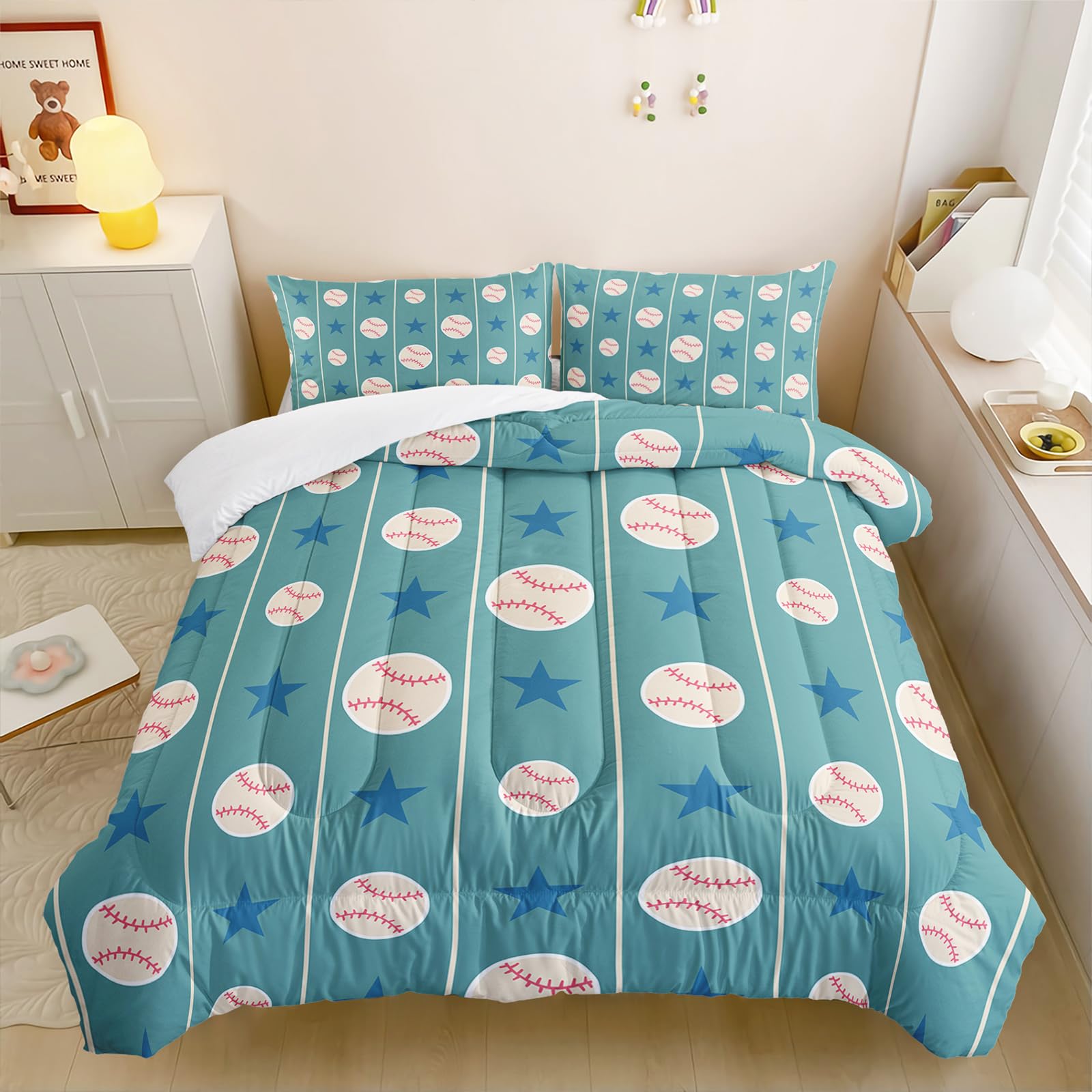 BailiPromise Baseball and Softball Soft Lightweight Bed Comforter Set Ball Sports Kids Comforter Straight line and Pentagram 3D Quilt Set Bedroom Decoration Twin Size 1 Comforter Set 2 Pillowcases