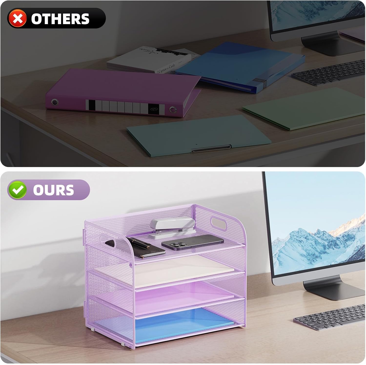 Marbrasse 2 Pack 4 Tier Paper Organizer Letter Tray - Mesh Desk File Organizer with Handle, Paper Sorter Organizer for Letter/A4 Office File Folder Holder (Purple, 12.6" x 9.1" x 10.7")
