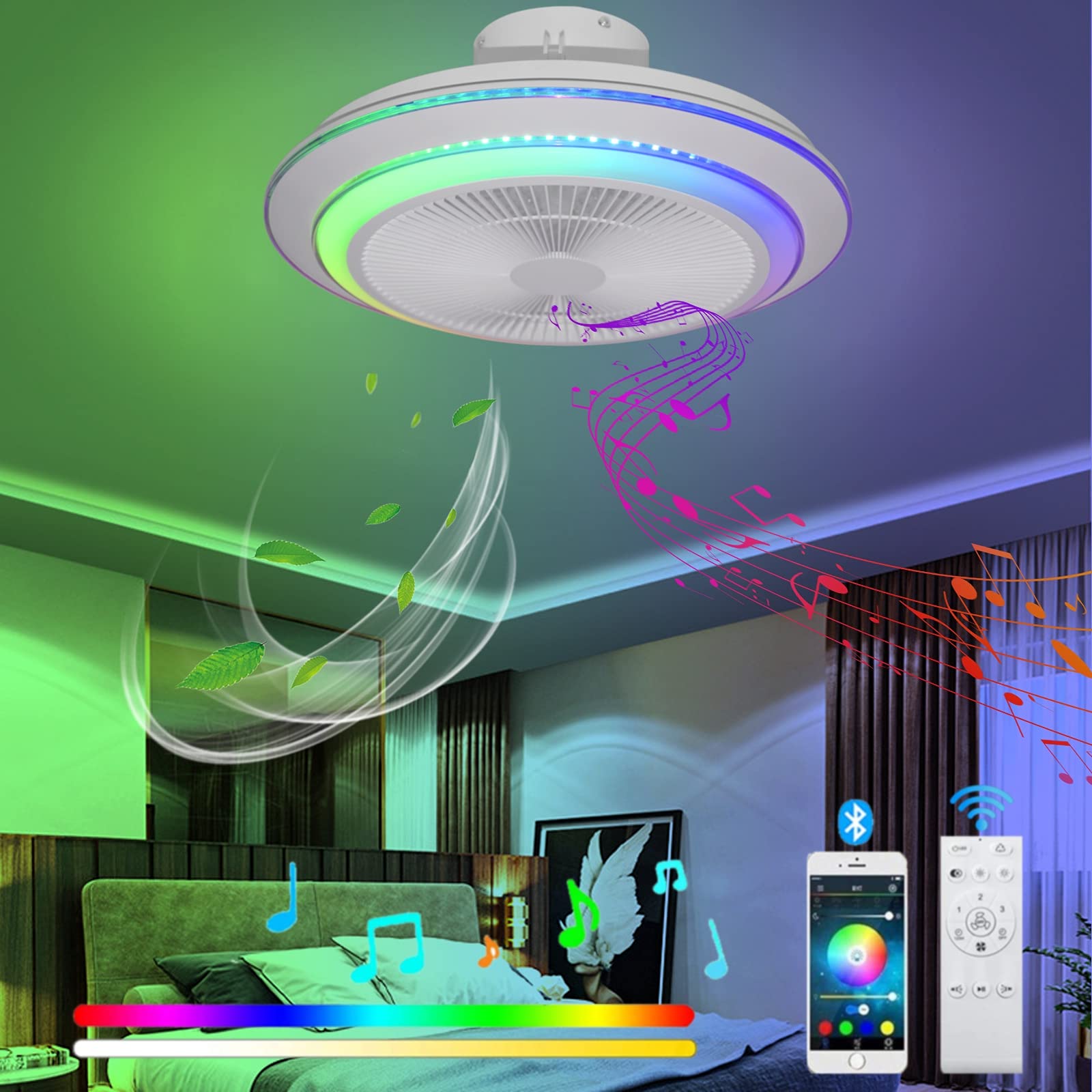 24W Ventilatore da soffitto con Telecomando, Dimmerabile Ventilatori a Soffitto con Altoparlante