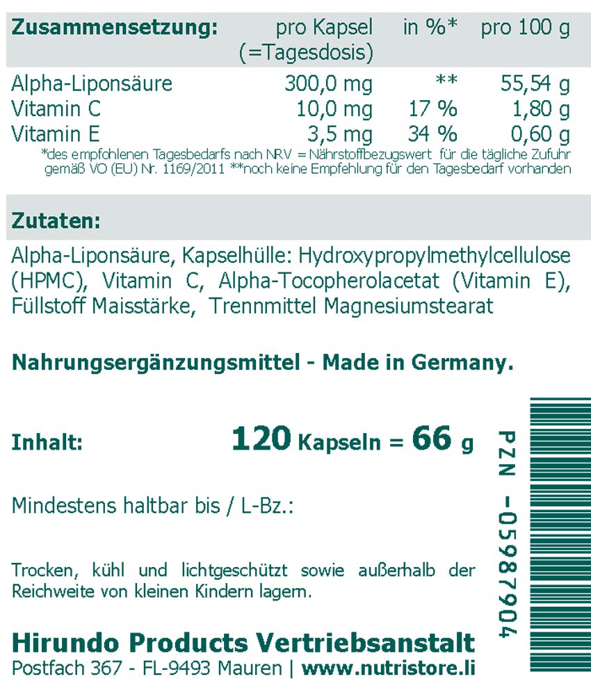 Alpha Liponsäure 300 mg vegane Kapseln 120 Stk. - plus Vitamine C und E