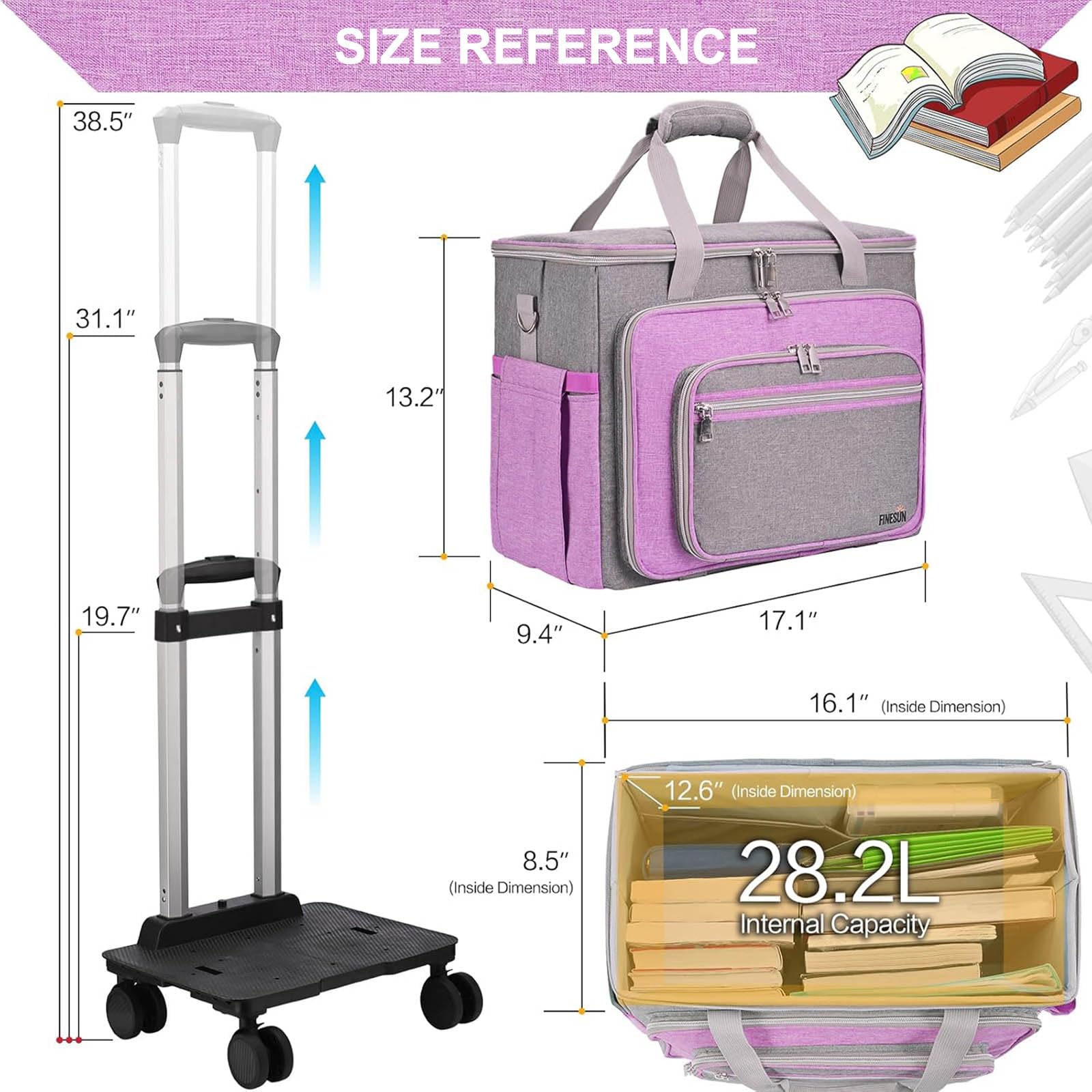 Maletín Multifuncional con Ruedas Desmontable para Profesores, para Trabajo, enseñanza, Oficina, Manualidades (Color Morado)