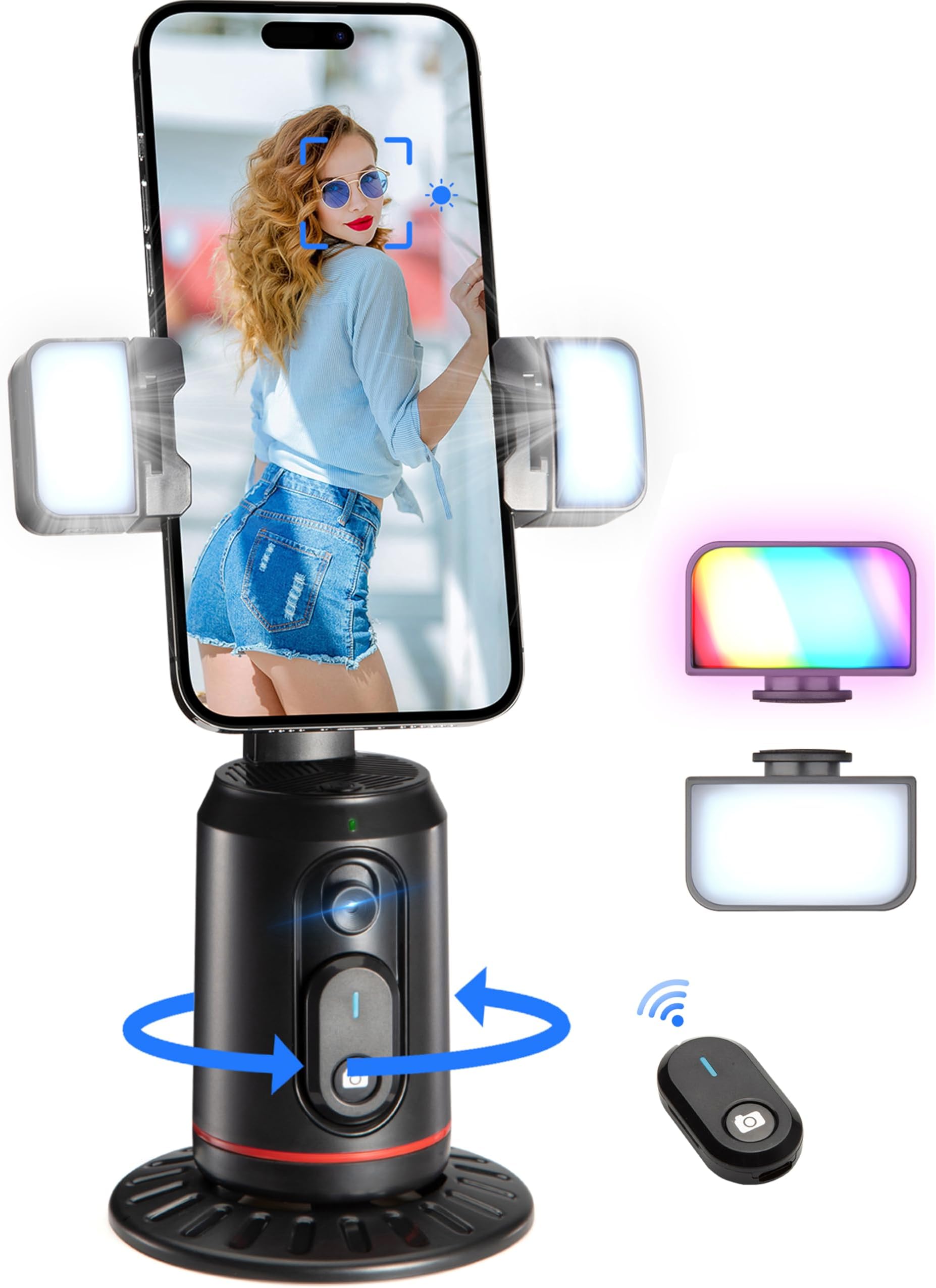 MQOUNY Auto Face Tracking Phone Holder, 360° Rotation Face Body Phone Tripod Smart Shooting Camera Mount with Rechargeable Remote and Light for Live Vlog Streaming Video, Rechargeable