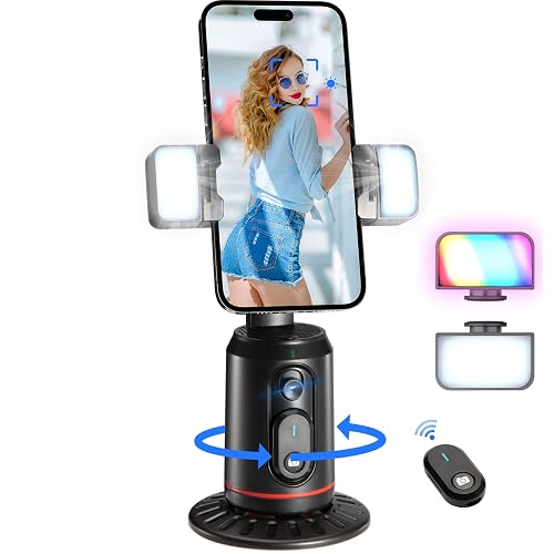 MQOUNY Auto Face Tracking Phone Holder, 360° Rotation Face Body Phone Tripod Smart Shooting Camera Mount with Rechargeable Remote and Light for Live Vlog Streaming Video, Rechargeable - Gray