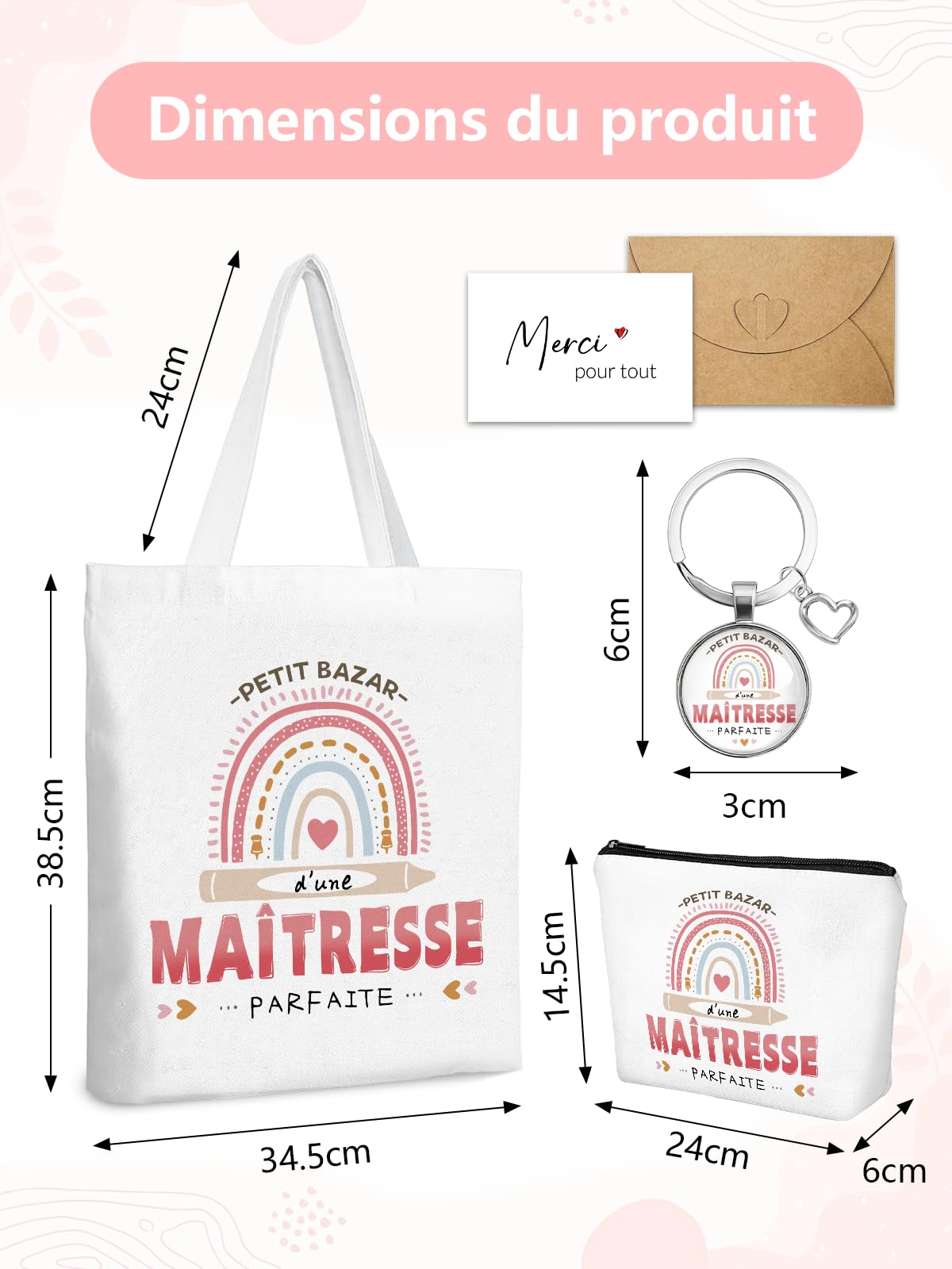 Cadeau Maitresse D'école, Cadeaux Maitresse Sac Tote Bag, Porte Clés et Carte de Remerciement, Merci Cadeau Maitre D'école Fin D'année