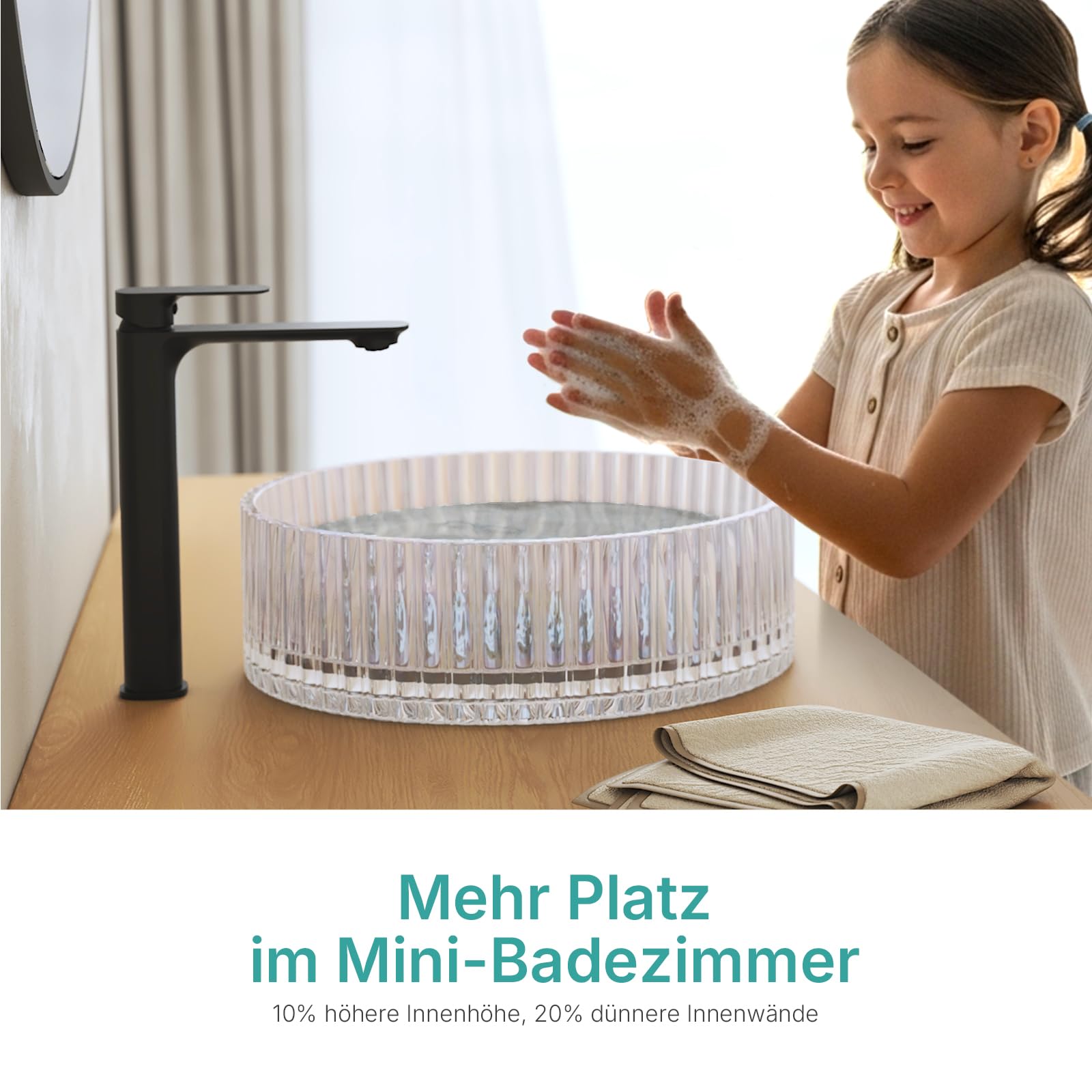 EMKE Glas Aufsatzwaschbecken Rund 40,0 × 40,0 × 12,0 cm – Design Glas Waschbecken Großvolumen für Badezimmer & Gäste-WC, Waschtisch Handwaschbecken Ohne Hahnloch, Regenbogen