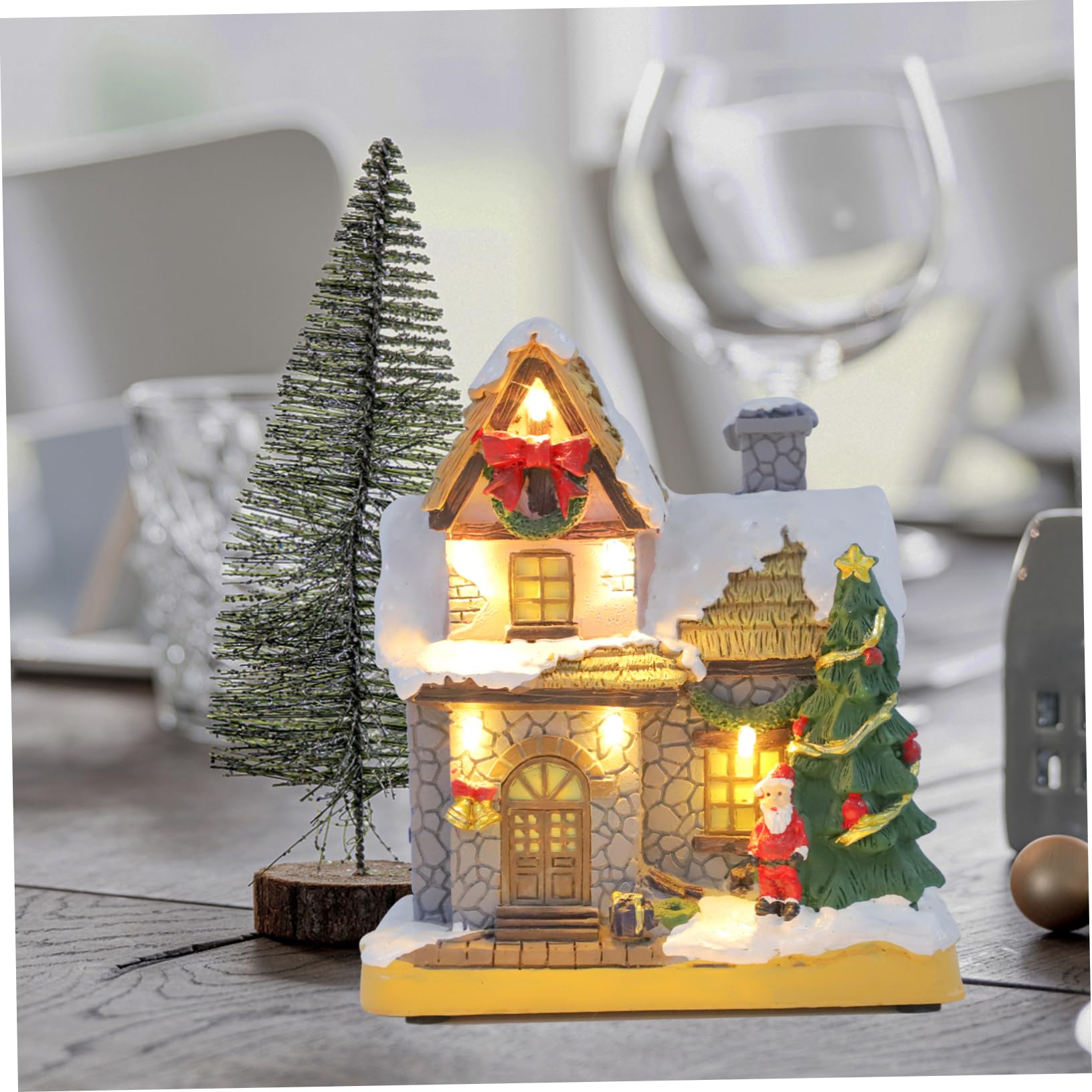 Decoración de Casa Iluminada de Resina Adorno de Escritorio para Navidad Casa Luminosa de Navidad y Decoración del Hogar