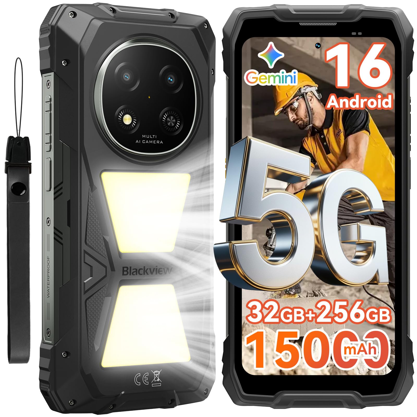 Blackview Rock 2 Pro Outdoor Handy Ohne Vertrag, Android 16 Outdoor Smartphone 5G 32GB+256GB, 6.67" HD+ Display 120Hz 15000mAh IP69K, 16MP AI Kamera, NFC/OTG/GPS/Gemini AI/Glove Mode 2.0