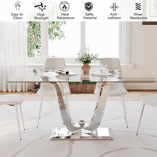 Miniatura 5 de Juego de 5 mesas de comedor de cristal plateado, mesa rectangular moderna de cocina y comedor de 70 pulgadas para 4, mesa de comedor de vidrio Mesa