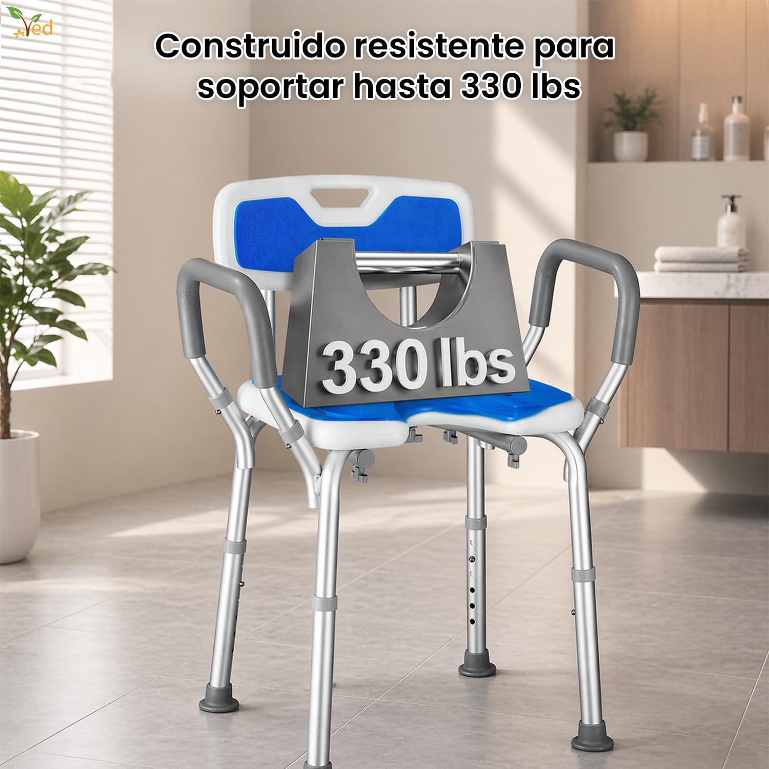Silla de Ducha VED, Asientos de Ducha en Forma de U con reposabrazos y Respaldo, Taburete de Ducha Ajustable en Altura de 6 Pulgadas, Silla de bañera, Capacidad de 330 LB