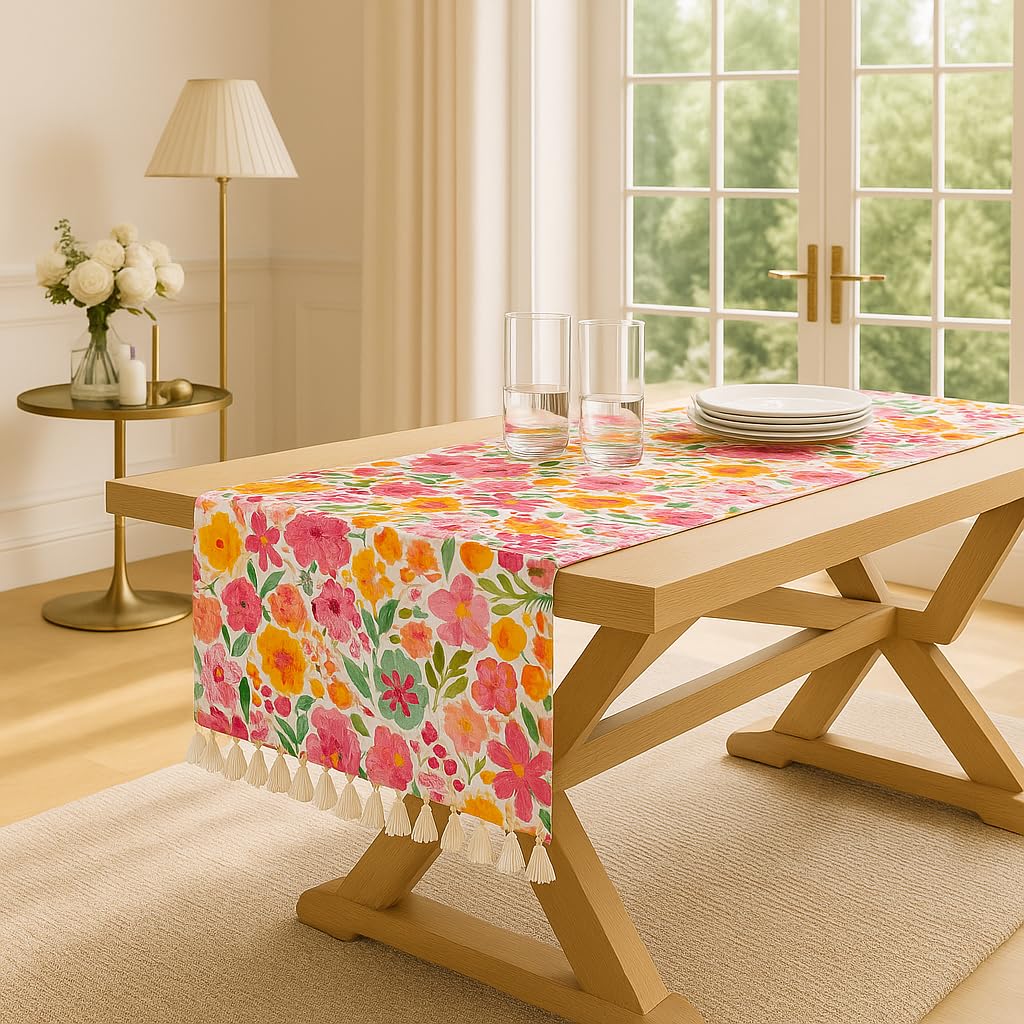 WWW.THROWPILLOW.IN Pink Floral Print Tassel Table Runner 13x60|Fits 4 FT Center Table,Coffee Table Living Room, TV Console, Dresser,Shoe Cabinet, Patio Table,Shelf Unit,Entrance Foyer Mudroom Cabinet
