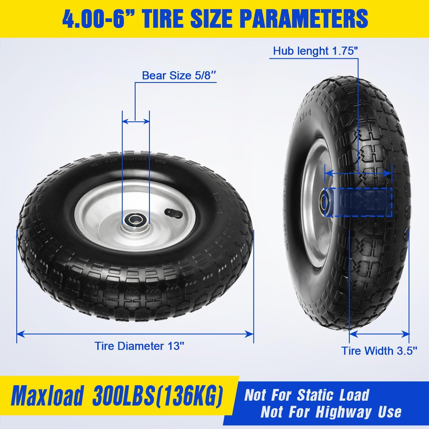 4.00-6 Pneumatic Tire and Wheel, 13 Inch Wheelbarrow Tires 5/8" Bearings or Extra 3/4" Bearings Replacement for Wheel Barrow, Hand Truck, Garden Carts, Includes Adapter Kit (2Pack)