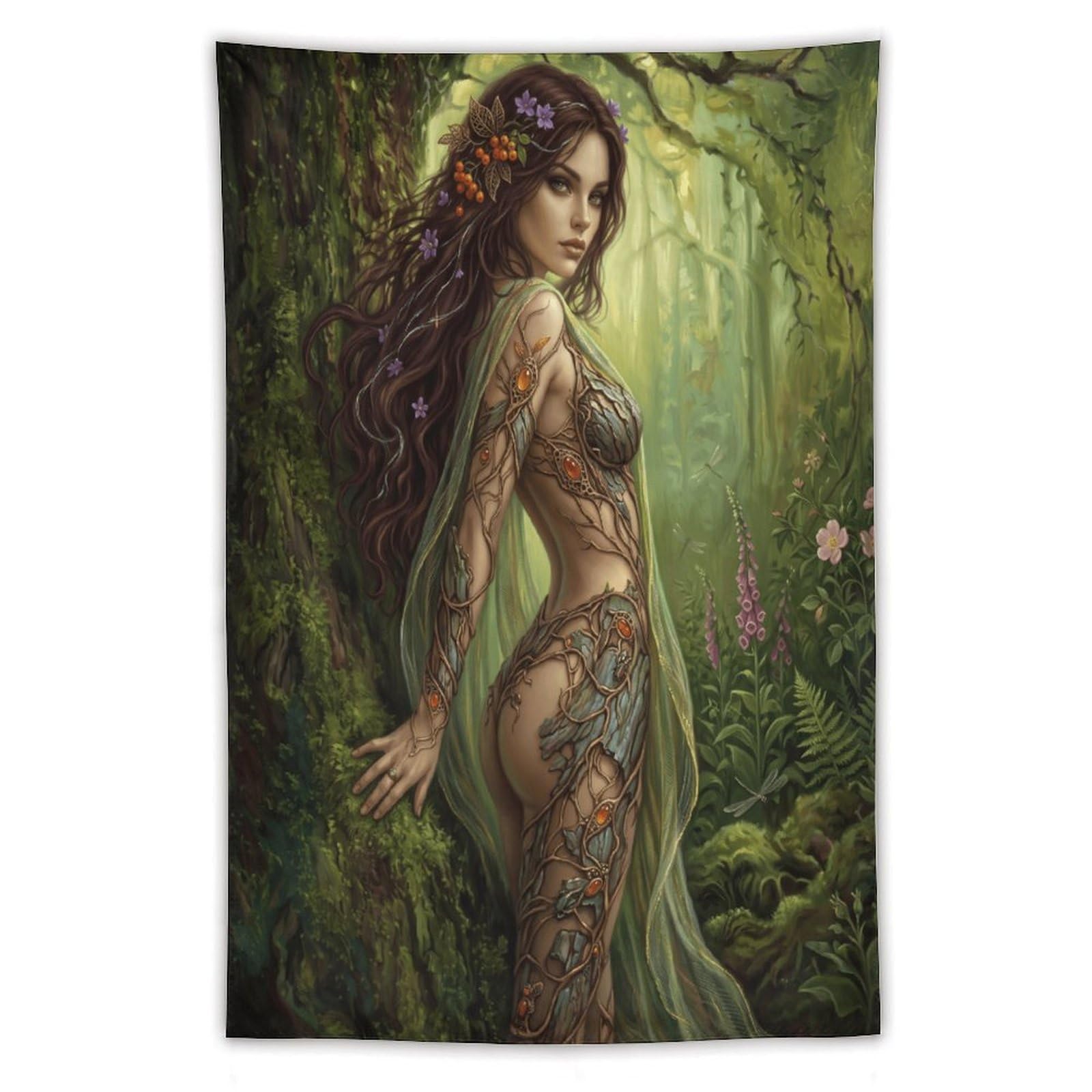 W7C8U2X3 Botanical Forest Goddess Wall Tapestry, Enchanted Woodland