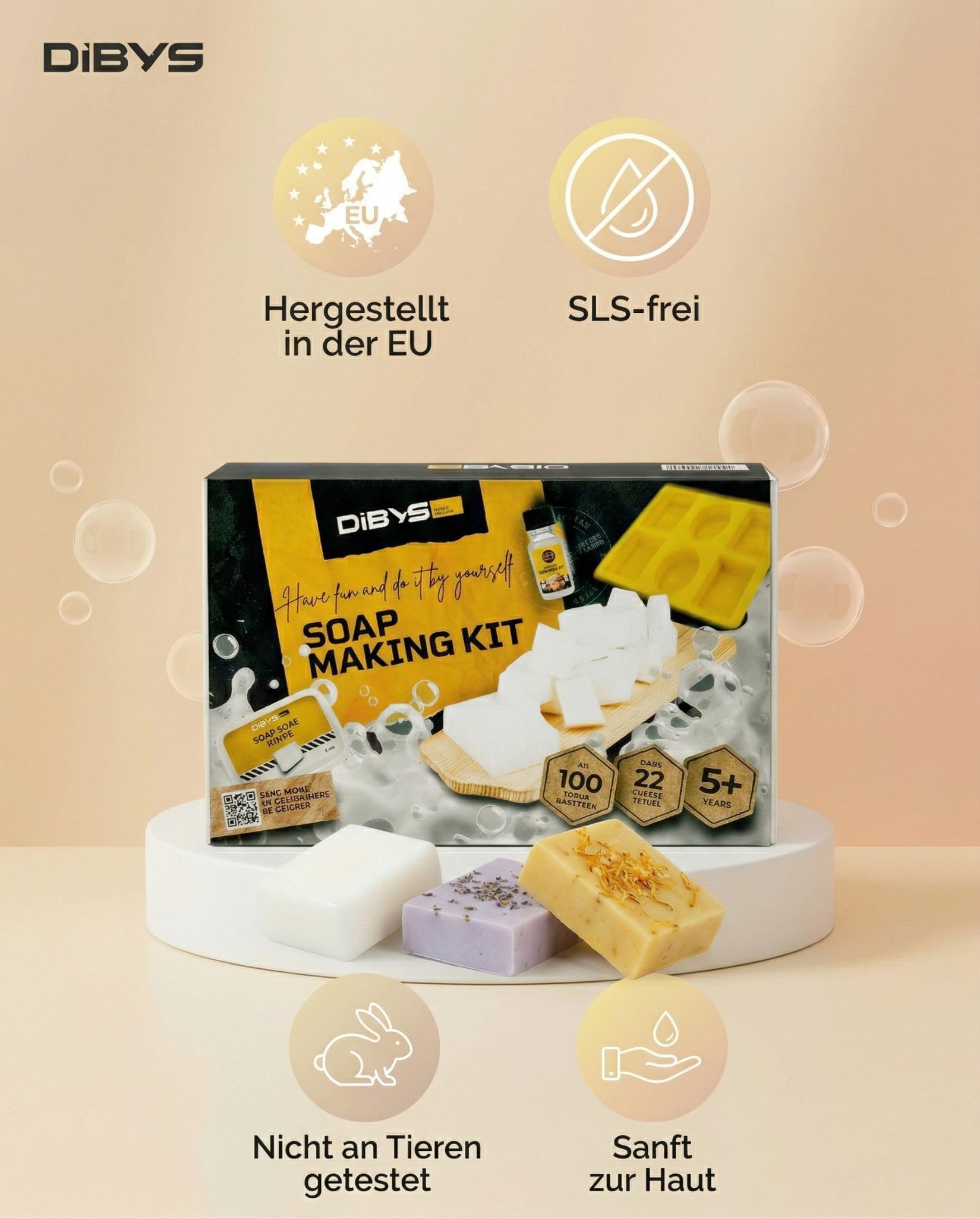DIBYS Seife zum Selber Machen Set – DIY Seifen Set für Erwachsene mit Glycerinseife ohne SLS, Duftölen, Farben & Silikonform – Kreatives Bastelset & Besonder Geschenkidee Familie und Freunde