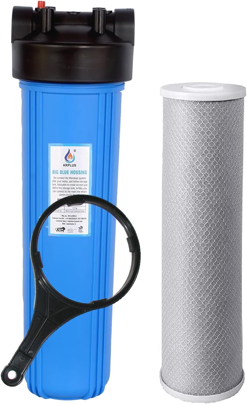 KRPLUS® 20 inch Fresh Virgin Material Jumbo Water Filter Housing with 20" x 4.5" 10 Micron Activated Carbon Block Filter Cartridges, Pre-Filtration System for Well and City Water, 1" NPT Port