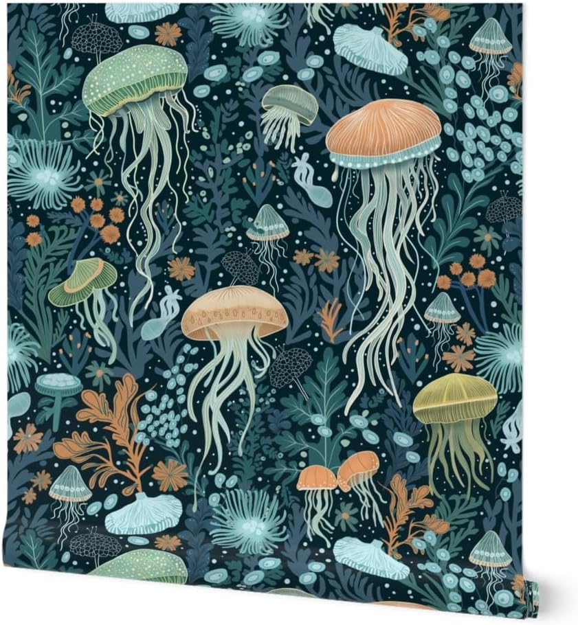 Removable Wallpaper 12ft x 2ft - Blue Jellyfish Under The Sea Ocean Life Seaweed Hand Drawn Coastal Custom Pre-Pasted Wallpaper by Spoonflower