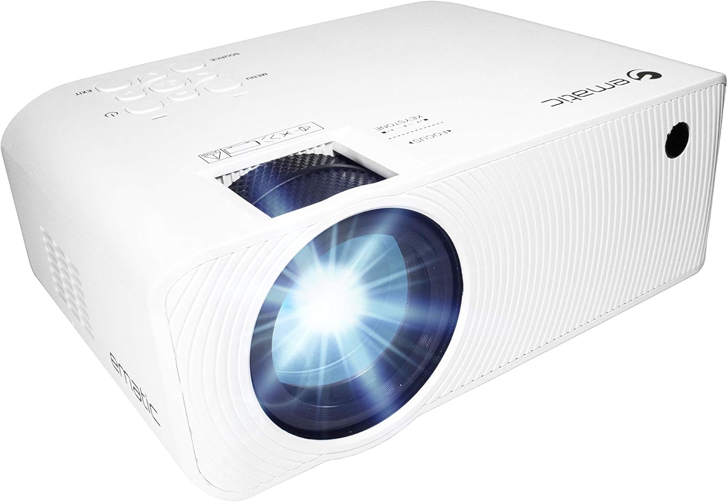 Front view of the Ematic LED Projector showing the main lens and ventilation grilles.