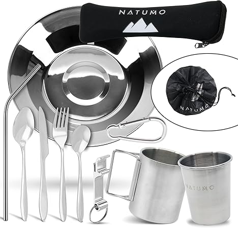 Natumo Campingbestick set för 1 med campingskål, campingmugg med lock, flasköppnare, sugrör lätt rostfritt stål campingredskapsset