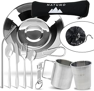 NATUMO® – Outdoor Camping Besteck & Geschirr Set, Outdoor Geschirr Edelstahl, 10-teiliges Trekking + Camping Besteckset 1 Person, rostfrei