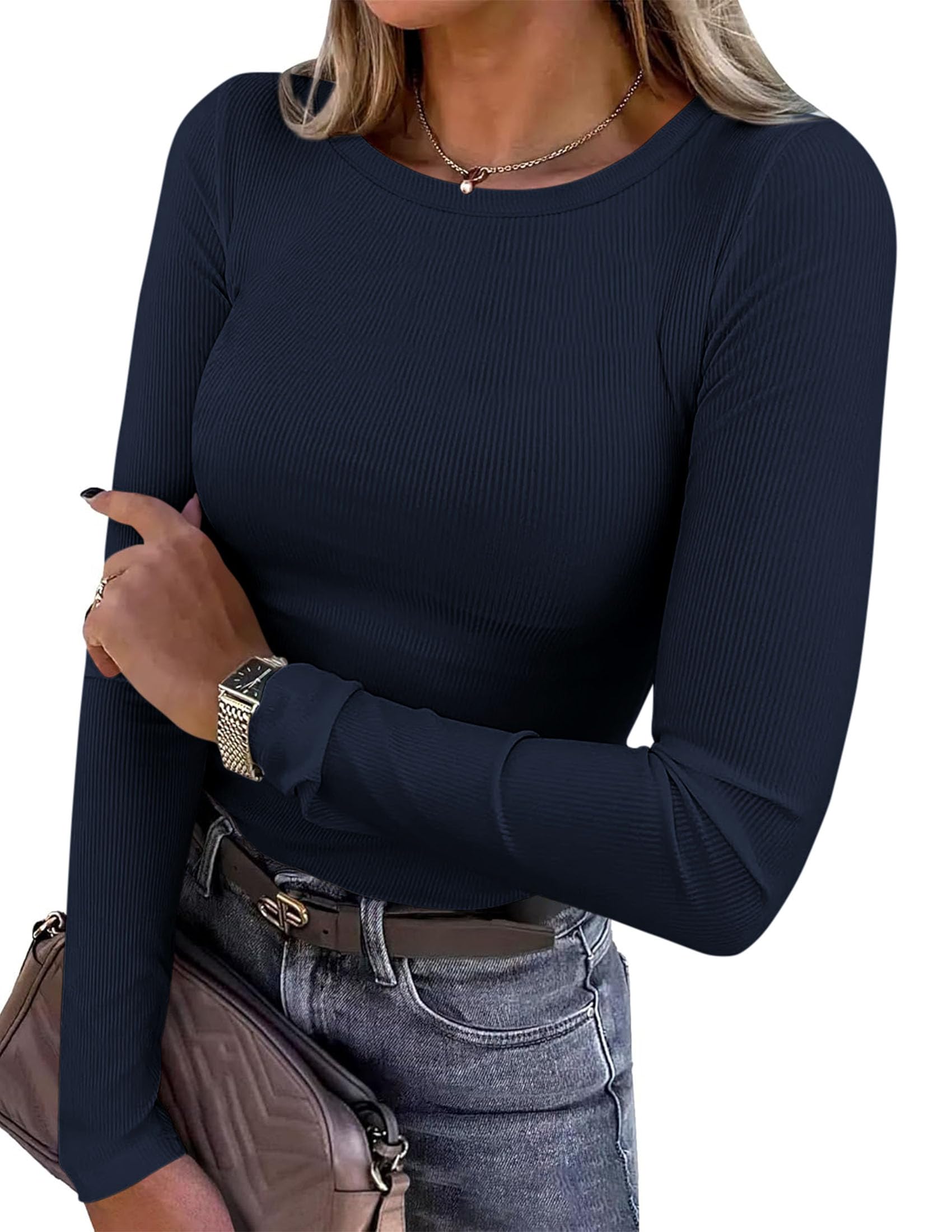 PRETTYGARDEN Women 2025 Fall Clothes Long Sleeve Shirts Ribbed Knit Fitted Basic Tee Going Out Tops Underscrub Casual Outfits