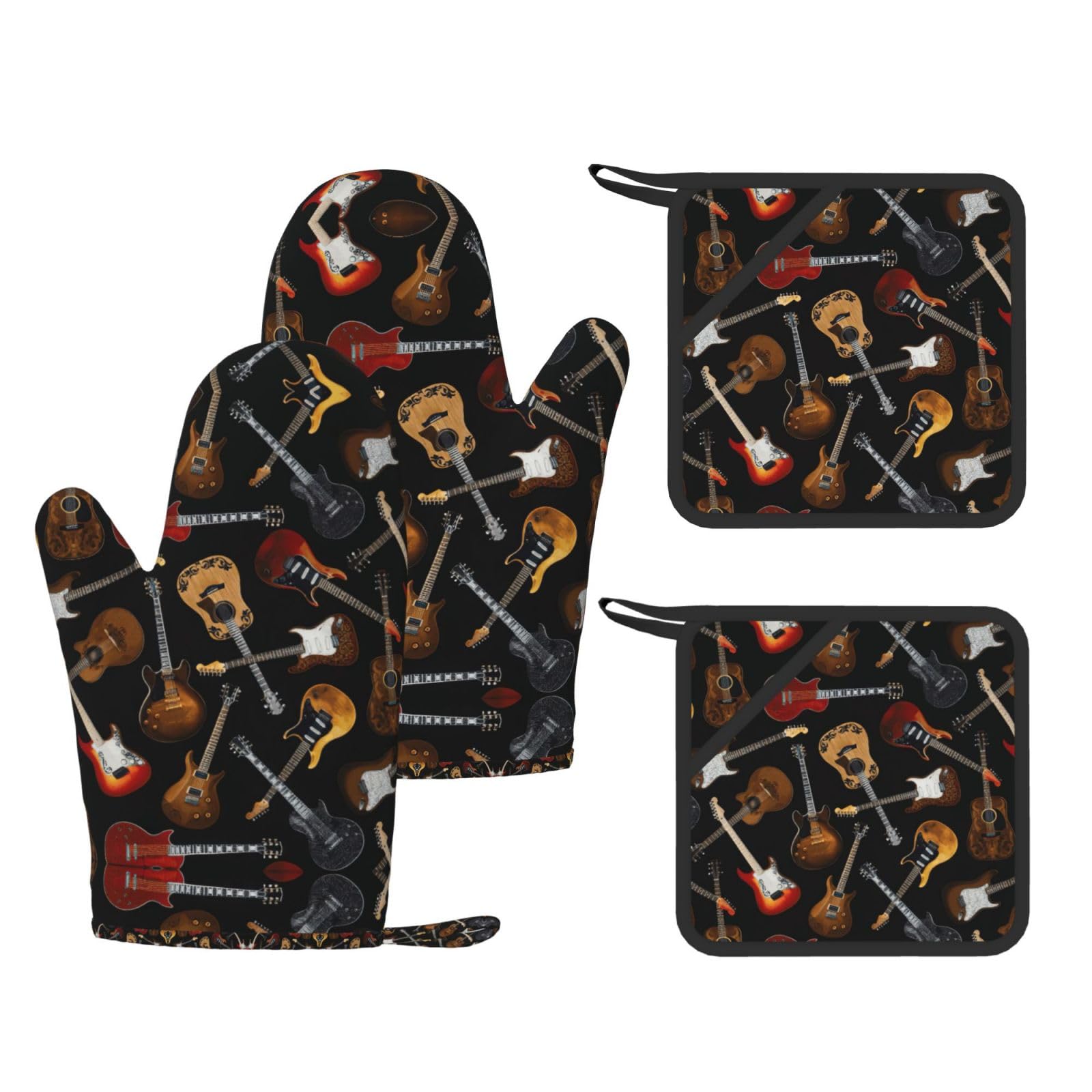 Guitars Trendy Printed Kitchen Set with Heat Resistant Gloves & Non-Slip Hot Pads for Baking & Grilling