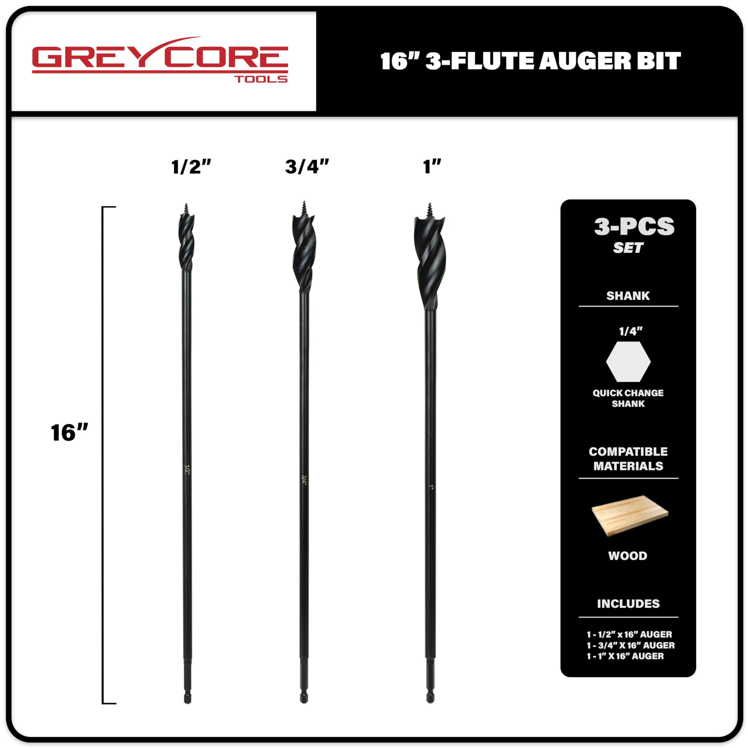Greycore Tools - Juego de brocas de barrena de 3 flautas de 16 pulgadas, 1/2 x 16 pulgadas, 3/4 x 16 pulgadas, 1 x 16 pulgadas (juego de 3 piezas de 16 pulgadas)