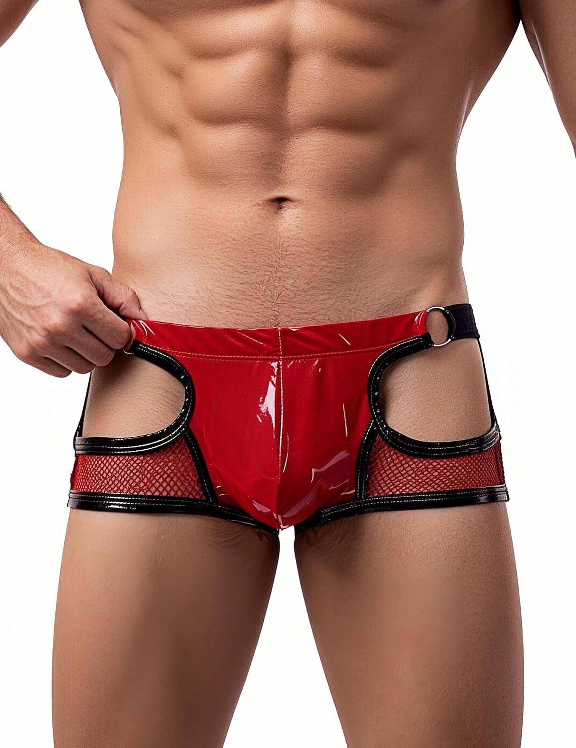 ohyeah Men's PU-Leahter Mesh Underwear Boyshorts Bikini Panties Black, S-XL