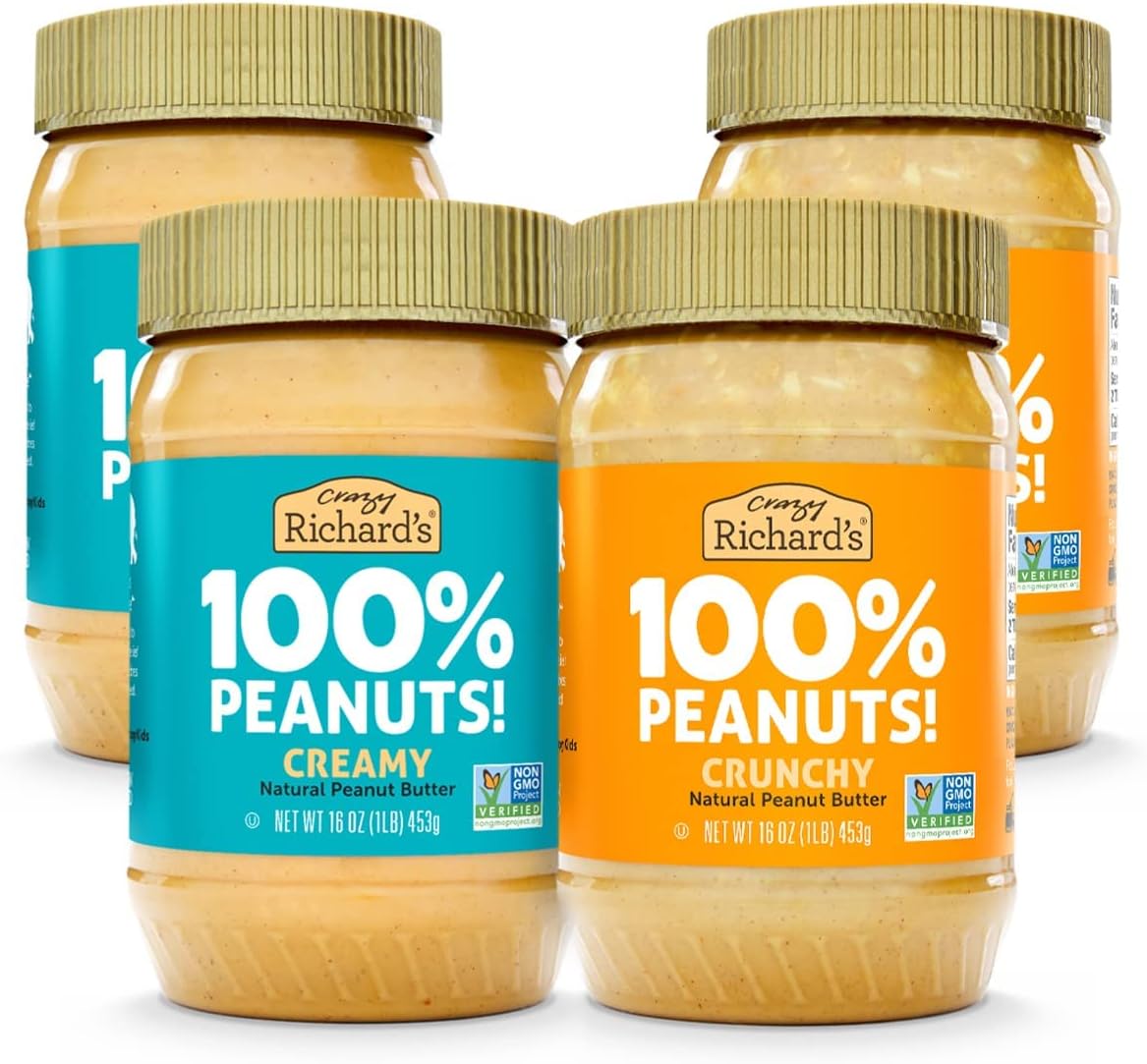 Crazy Richard's 100% All-Natural Vegan Creamy & Crunchy Peanuty Butter with No Added Sugar and Non-GMO Variety Pack (16 Ounce, Pack of 4)