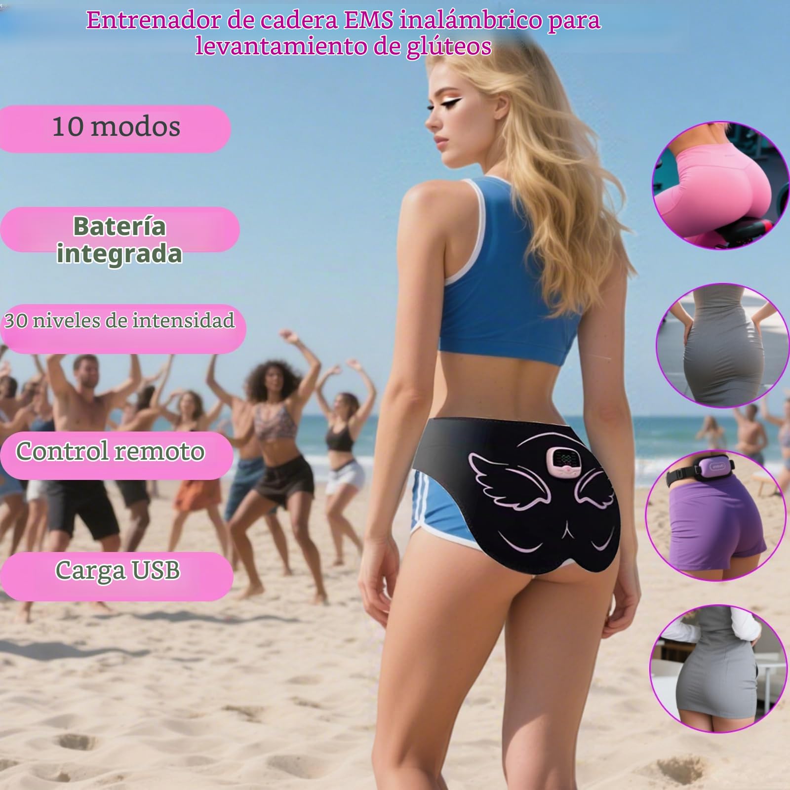 Entrenador de Cadera EMS Levantar Glúteos,30 Niveles de Intensidad,10 Modos,Masajeador Glúteos USB Estimulador ABS para Moldear el Cuerpo,Control Remoto Inalámbrico,Cinturón Extensible