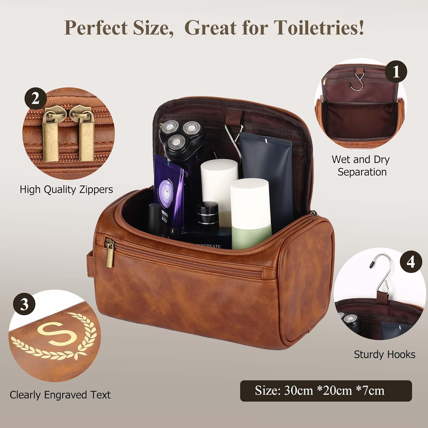 OXYEFEI Personalized Toiletry Bag for Men,Personalized Gifts for Men,Engraved Initial PU Leather Mens Toiletry Travel Shaving Travel Essentials Toiletries Bag for Him Birthday (K, Brown)