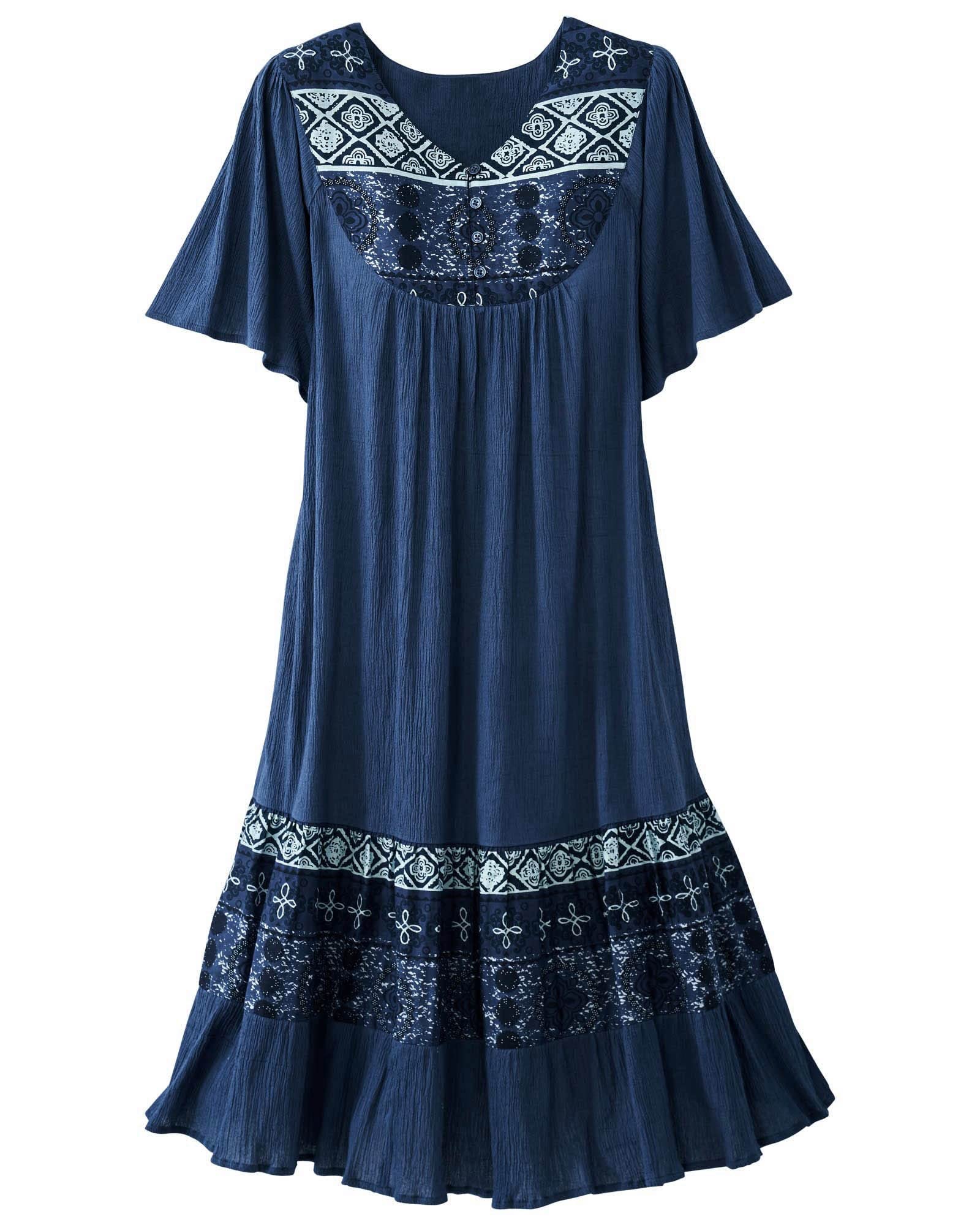 National Santa Fe Border Print Dress - Women's Short Sleeve, Crinkle Cotton, Side Pockets, Southwestern Style