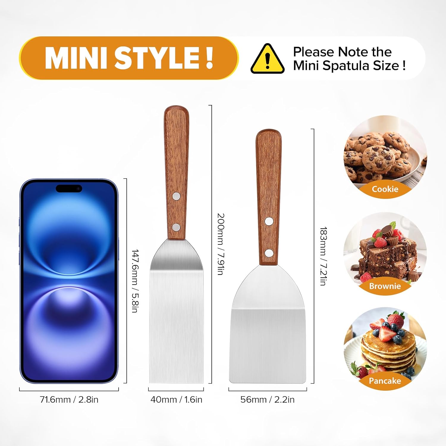 Small Mini Tiny Metal Spatula Turner Set with Wood Handle, 2 Pcs