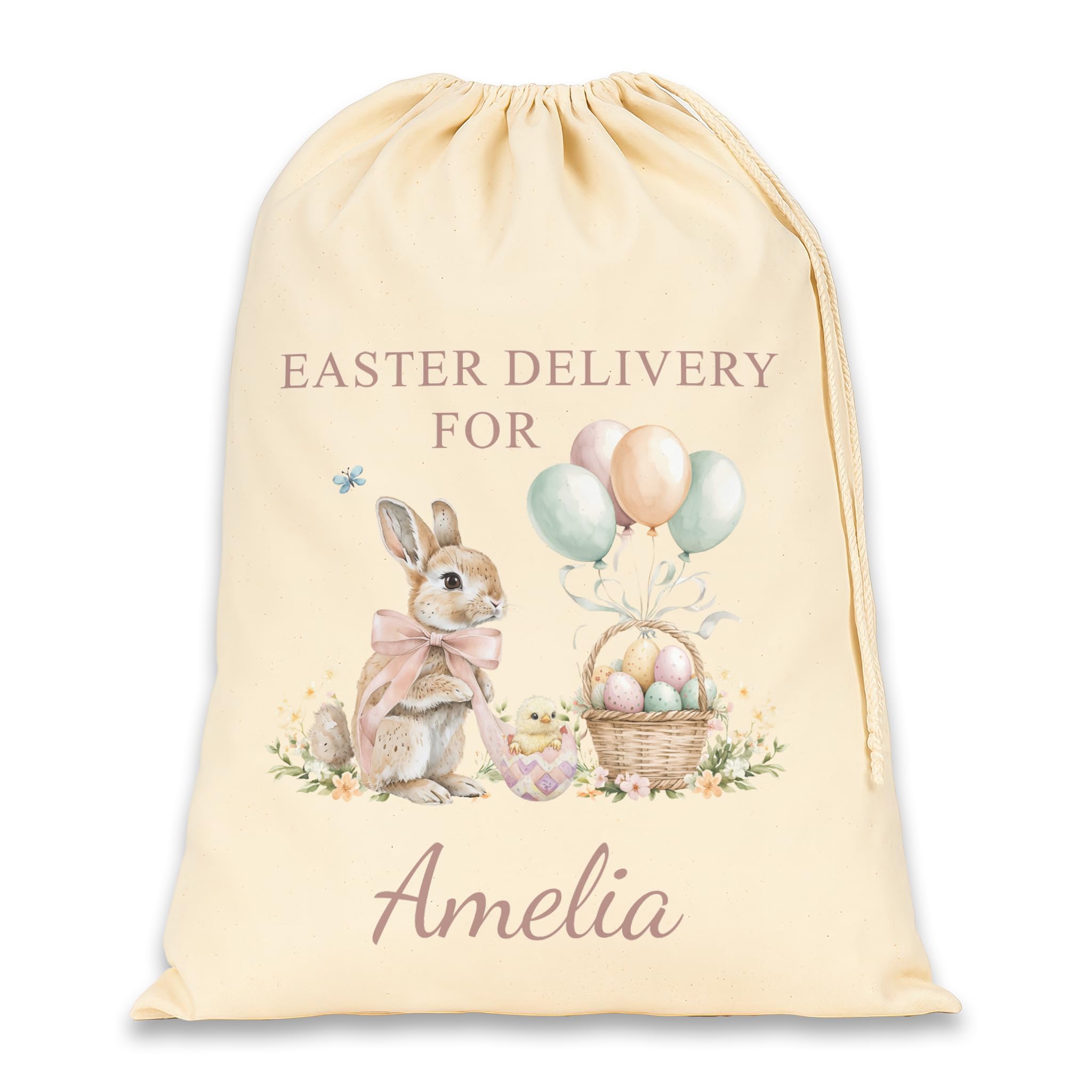 Chicken Craft Personalised Easter Sack - Custom Name Cotton Easter Gift Bag - Easter Egg Hunt Bag for Kids - Bunny & Balloons Design (Easter Delivery For, Pink)