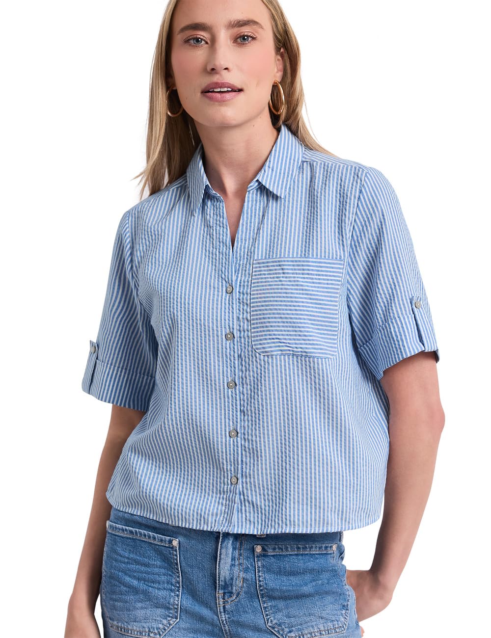 Street One Short Sleeve Shirt Blouse with Turn-Up Details Original Blue 44
